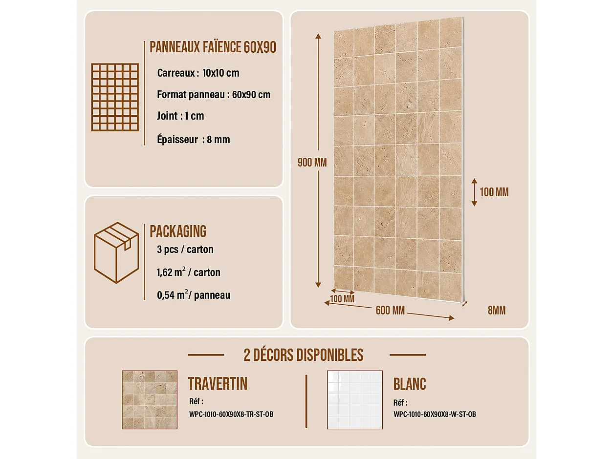 Pack de 3 panneaux muraux de salle de bain carrelage Travertine