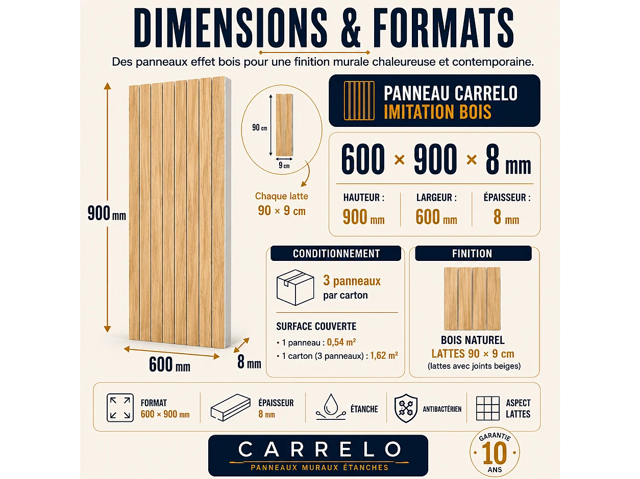 Pack de 3 panneaux muraux de salle de bain effet bois