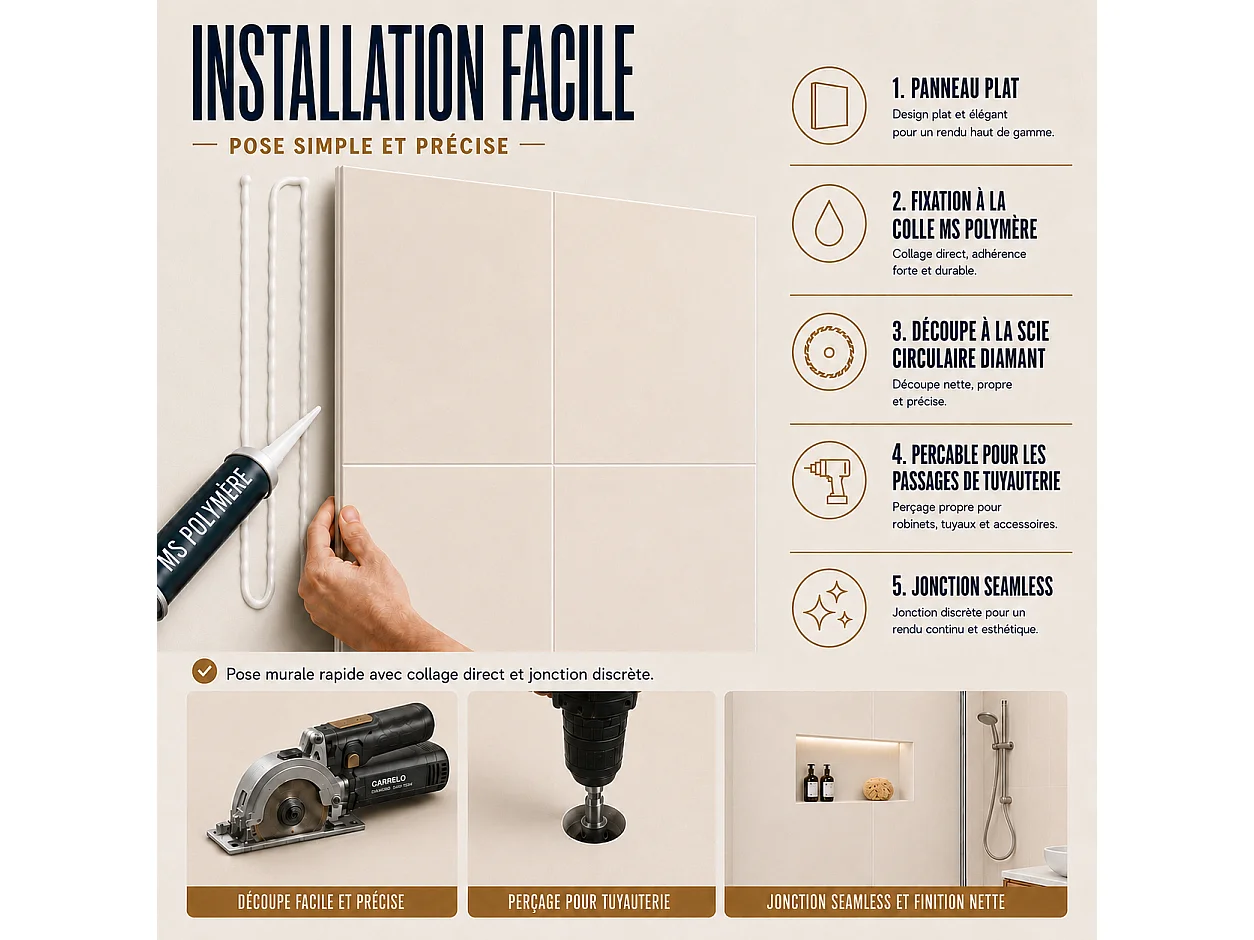 Pack de 3 panneaux muraux de salle de bain carrelage beige