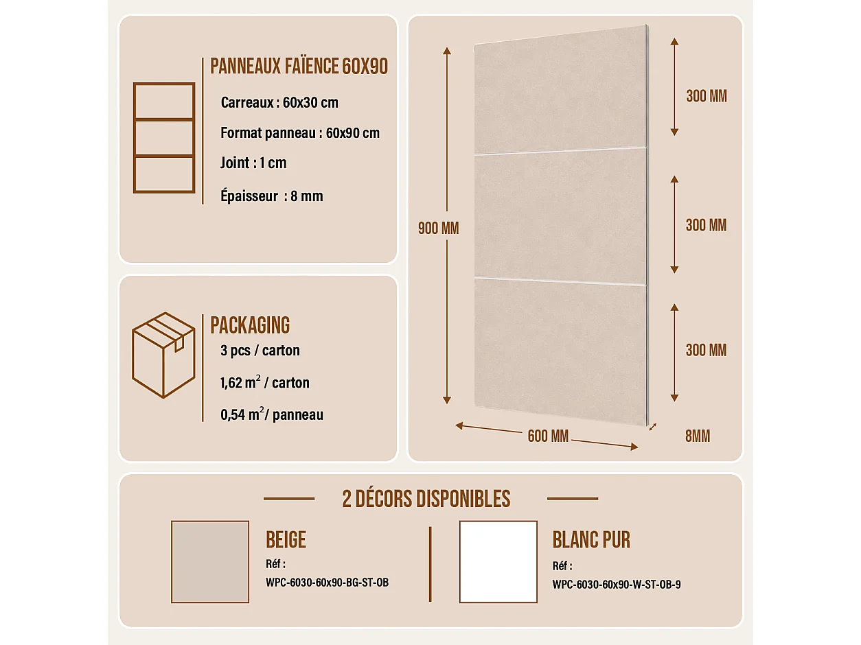 Pack de 3 panneaux muraux de salle de bain carrelage beige