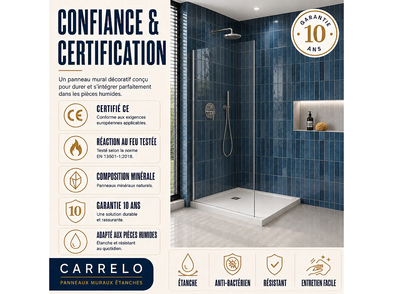 Pack de 3 panneaux muraux de salle de bain carrelage Bleu