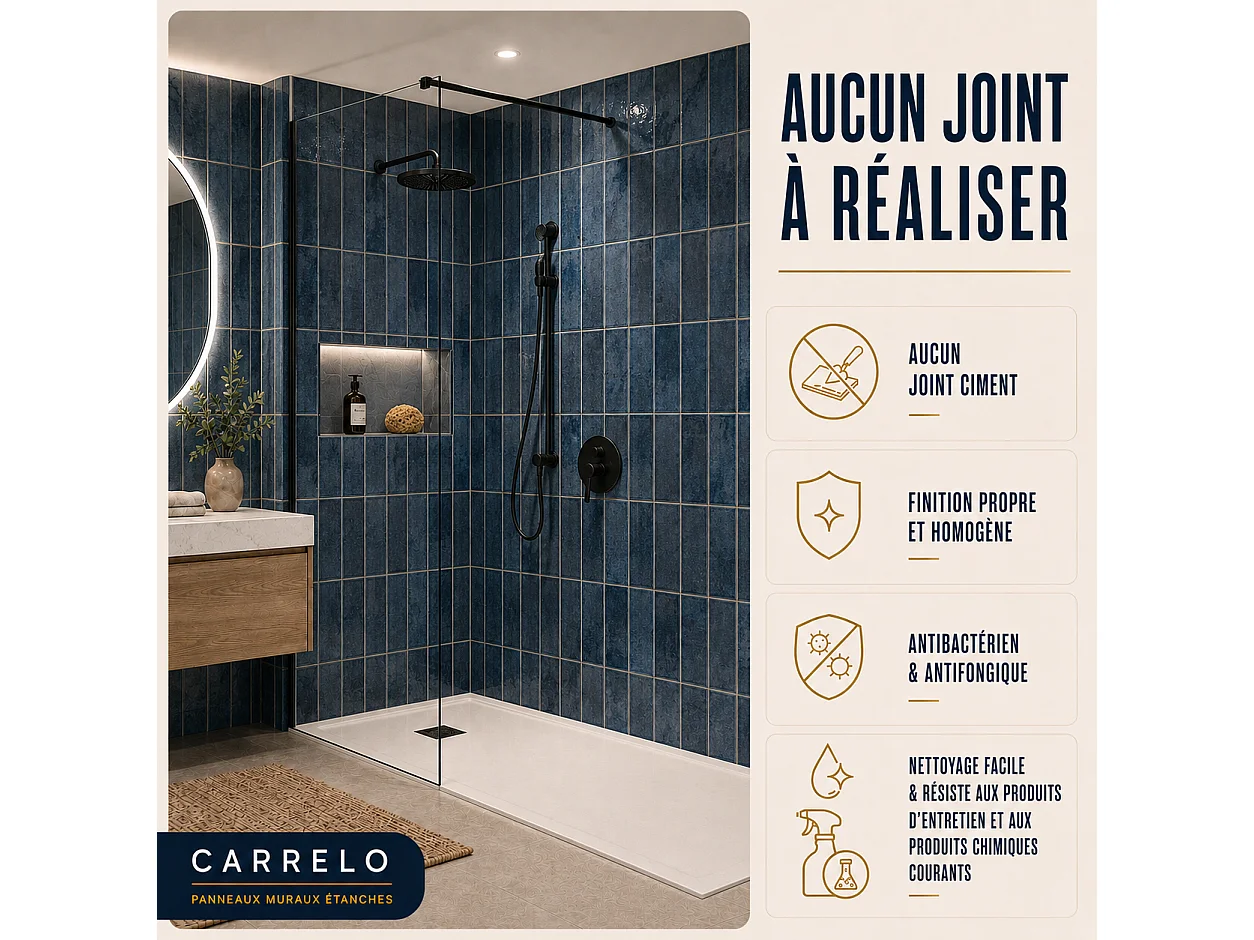 Pack de 3 panneaux muraux de salle de bain carrelage Bleu