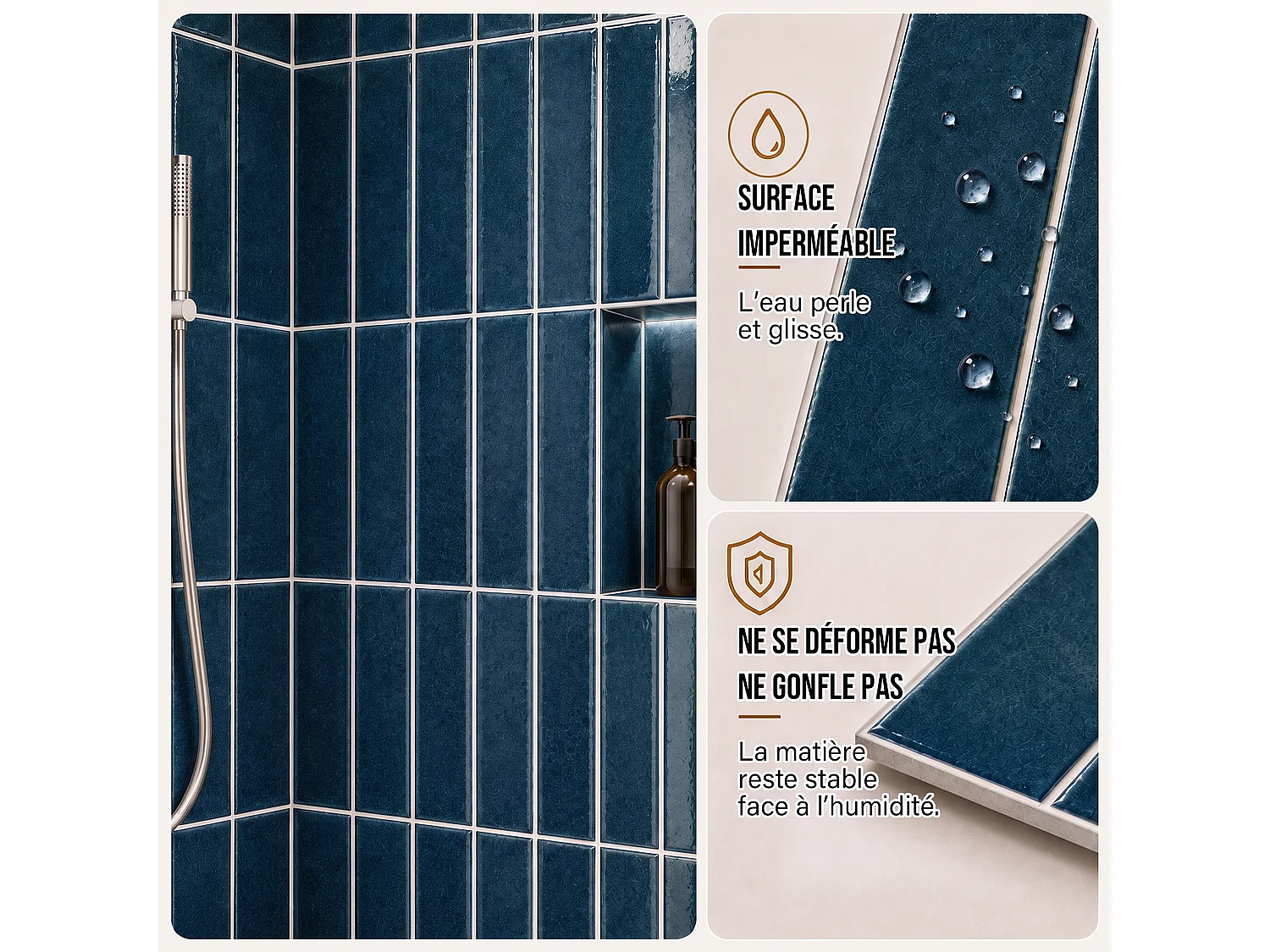 Pack de 3 panneaux muraux de salle de bain carrelage Bleu