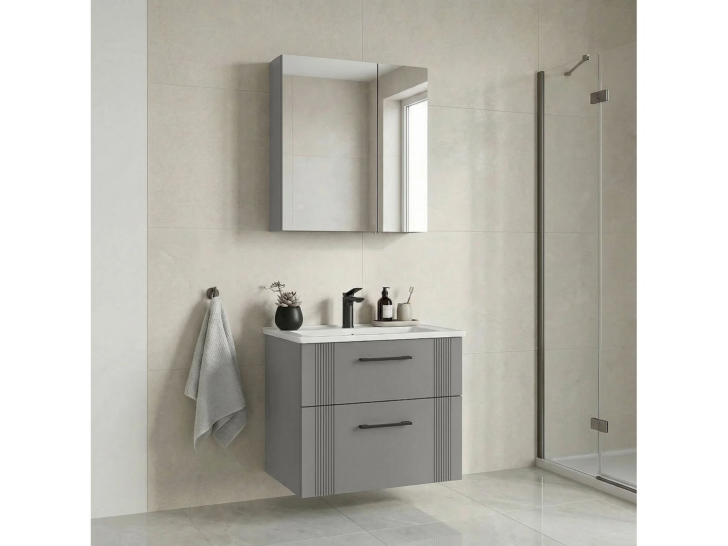 Ensemble Meuble Vasque avec Miroir (2 Pièces) "Bari 65 v2" - 65 x 45 x 55 cm - Matte Cashmere