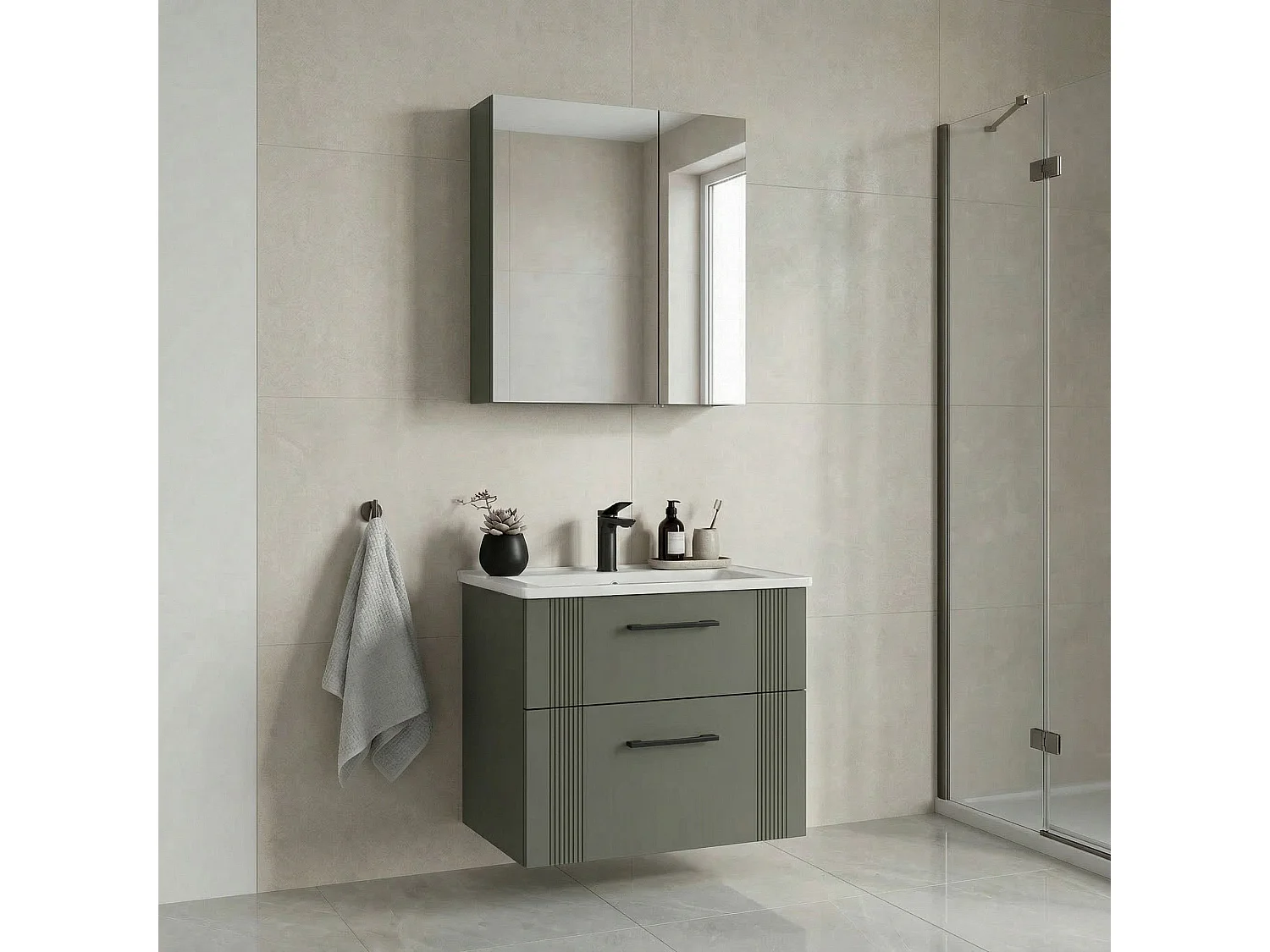 Ensemble Meuble Vasque avec Miroir (2 Pièces) "Bari 65 v2" - 65 x 45 x 55 cm - Matte Green