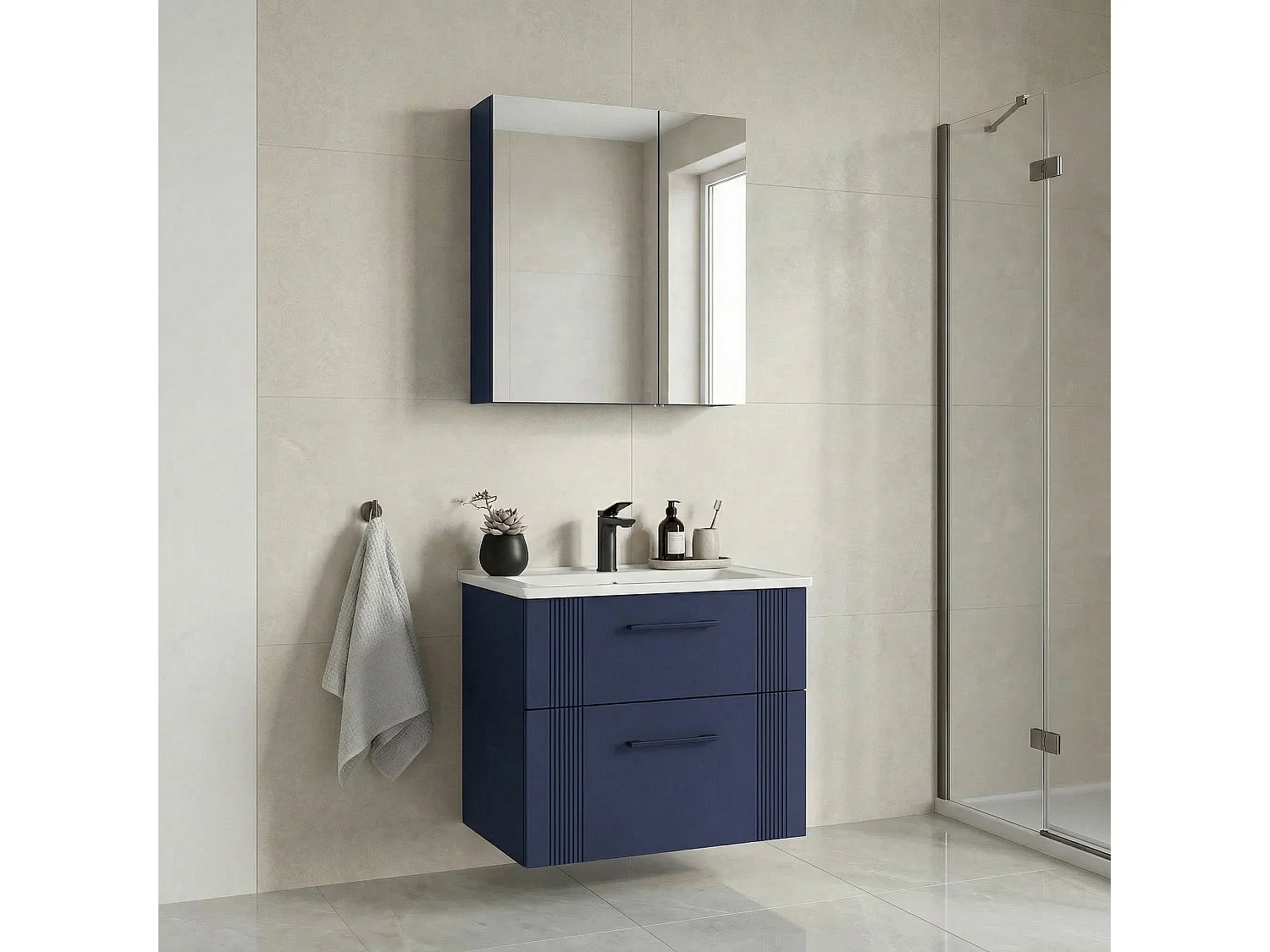 Ensemble Meuble Vasque avec Miroir (2 Pièces) "Bari 65 v2" - 65 x 45 x 55 cm - Matte Navy Blue
