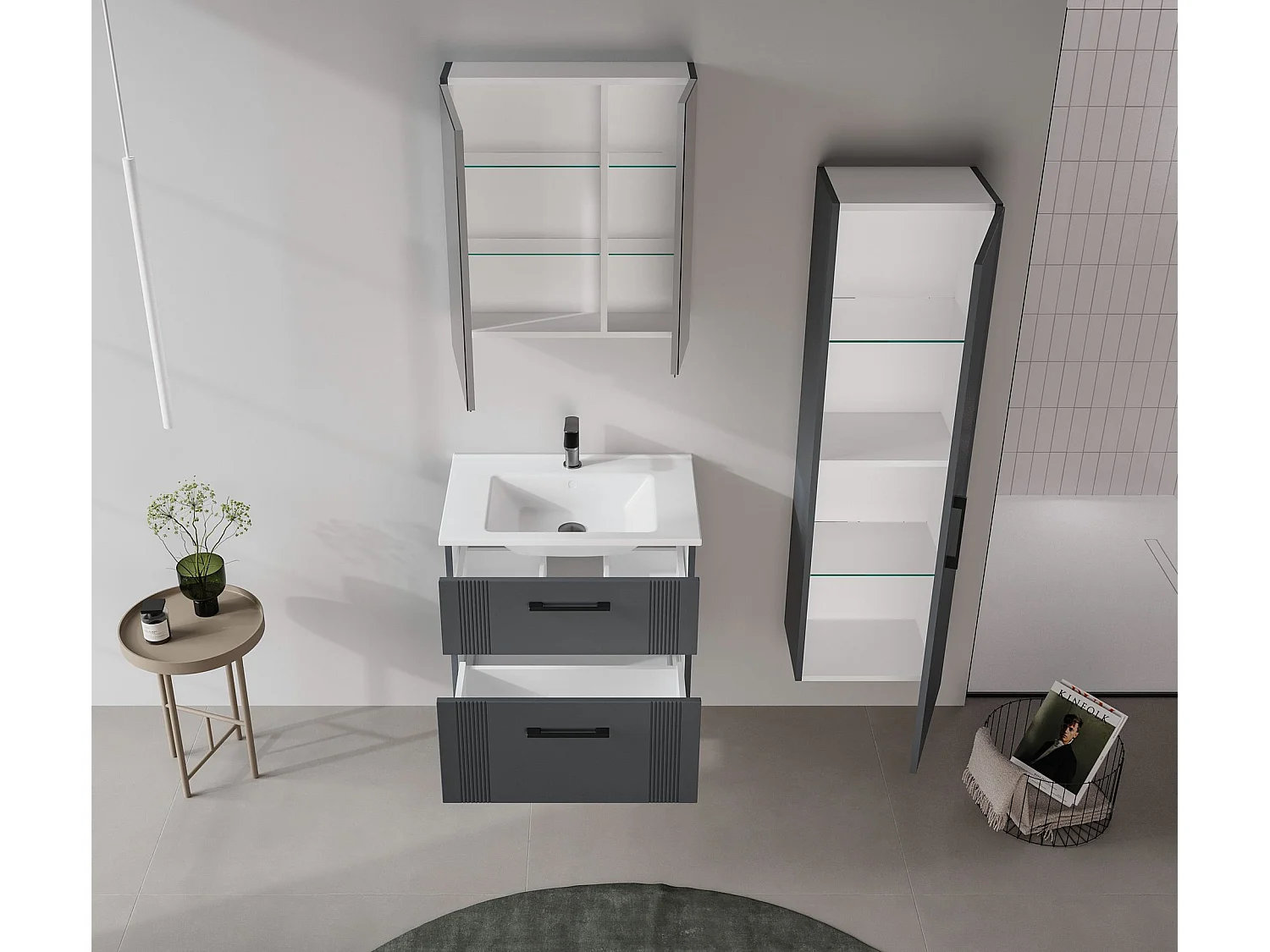 Ensemble Meuble Vasque avec Miroir (2 Pièces) "Bari 65 v2" - 65 x 45 x 55 cm - Matte Anthracite