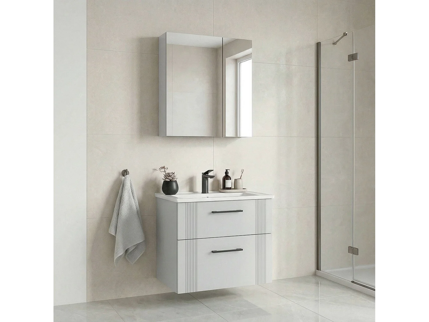 Ensemble Meuble Vasque avec Miroir (2 Pièces) "Bari 65 v2" - 65 x 45 x 55 cm - Matte White