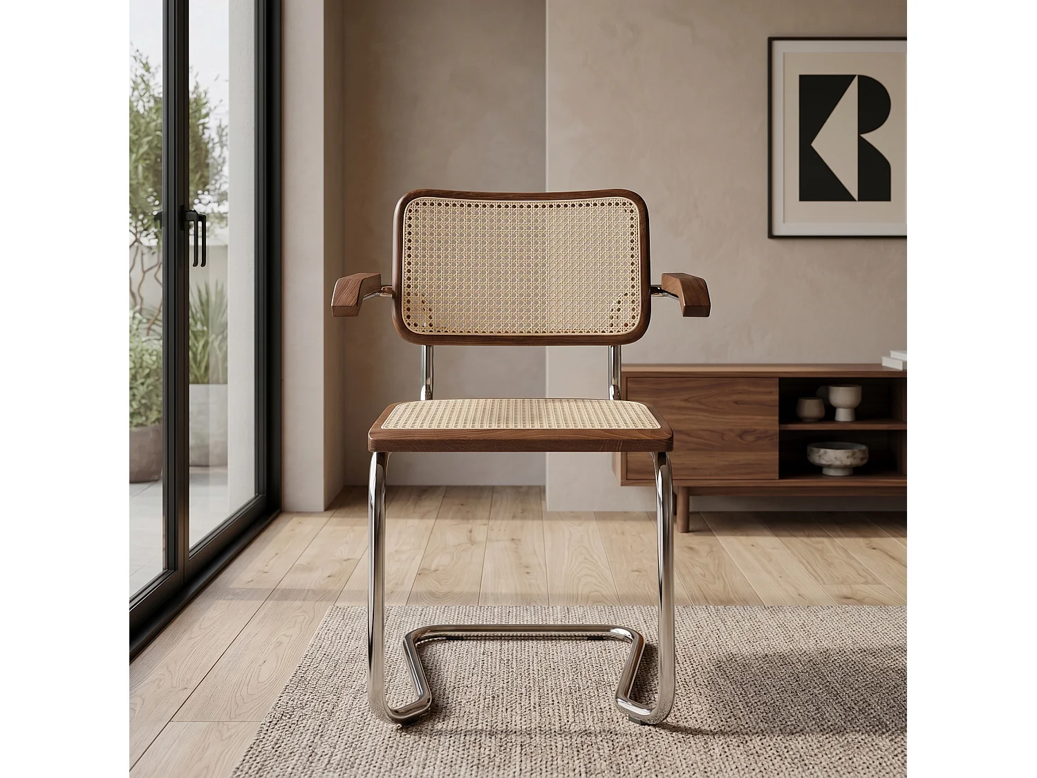 k-hometrends KAREL Freischwinger Stühle 2er Set mit Armlehnen & Wiener Geflecht – Esszimmerstühle Holz Walnuss & Metall – Designstühle Natur/Walnuss/Chrom