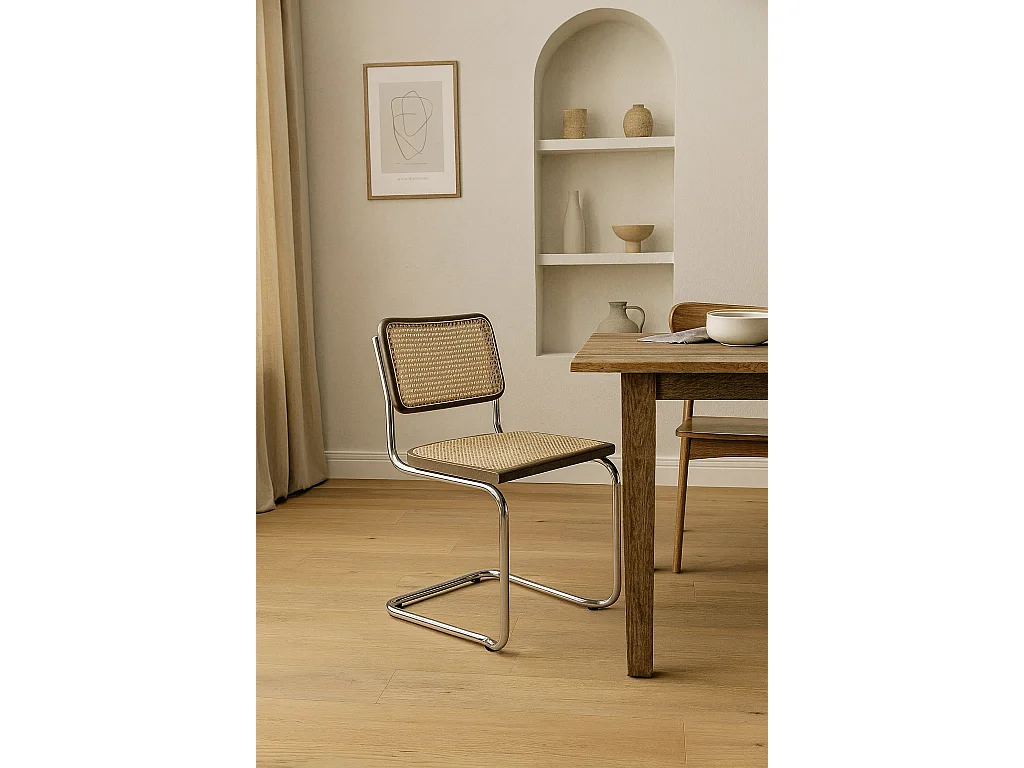 k-hometrends KAROL Freischwinger Stühle 2er Set mit Wiener Geflecht – Esszimmerstühle Holz Walnuss & Metall – Designstühle Natur/Walnuss/Chrom