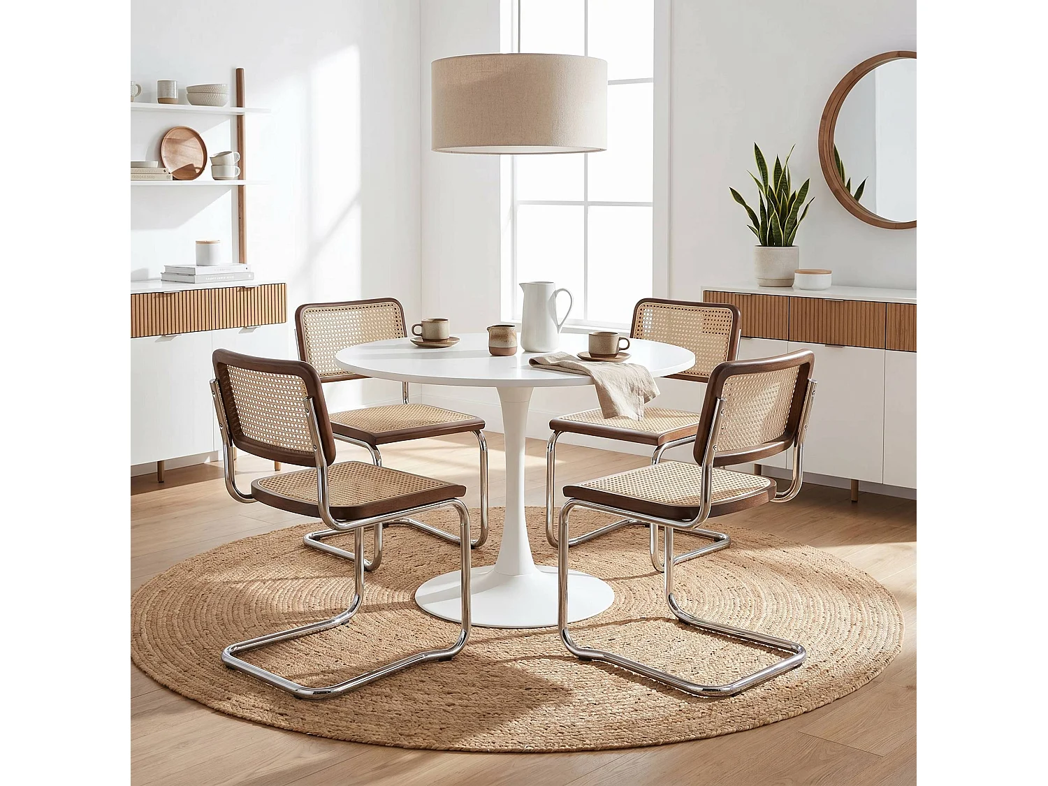 k-hometrends KAROL Freischwinger Stühle 2er Set mit Wiener Geflecht – Esszimmerstühle Holz Walnuss & Metall – Designstühle Natur/Walnuss/Chrom
