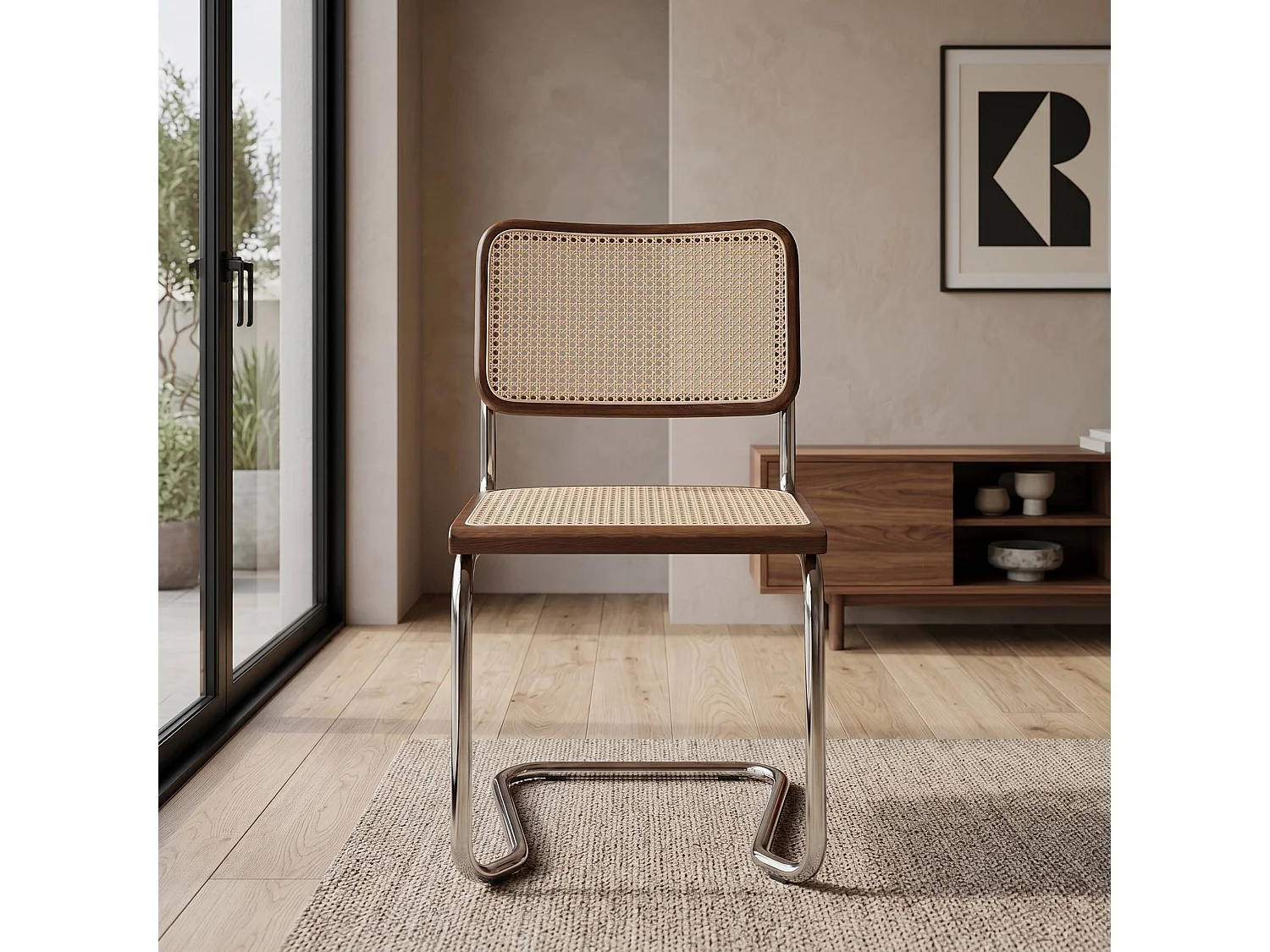 k-hometrends KAROL Freischwinger Stühle 2er Set mit Wiener Geflecht – Esszimmerstühle Holz Walnuss & Metall – Designstühle Natur/Walnuss/Chrom