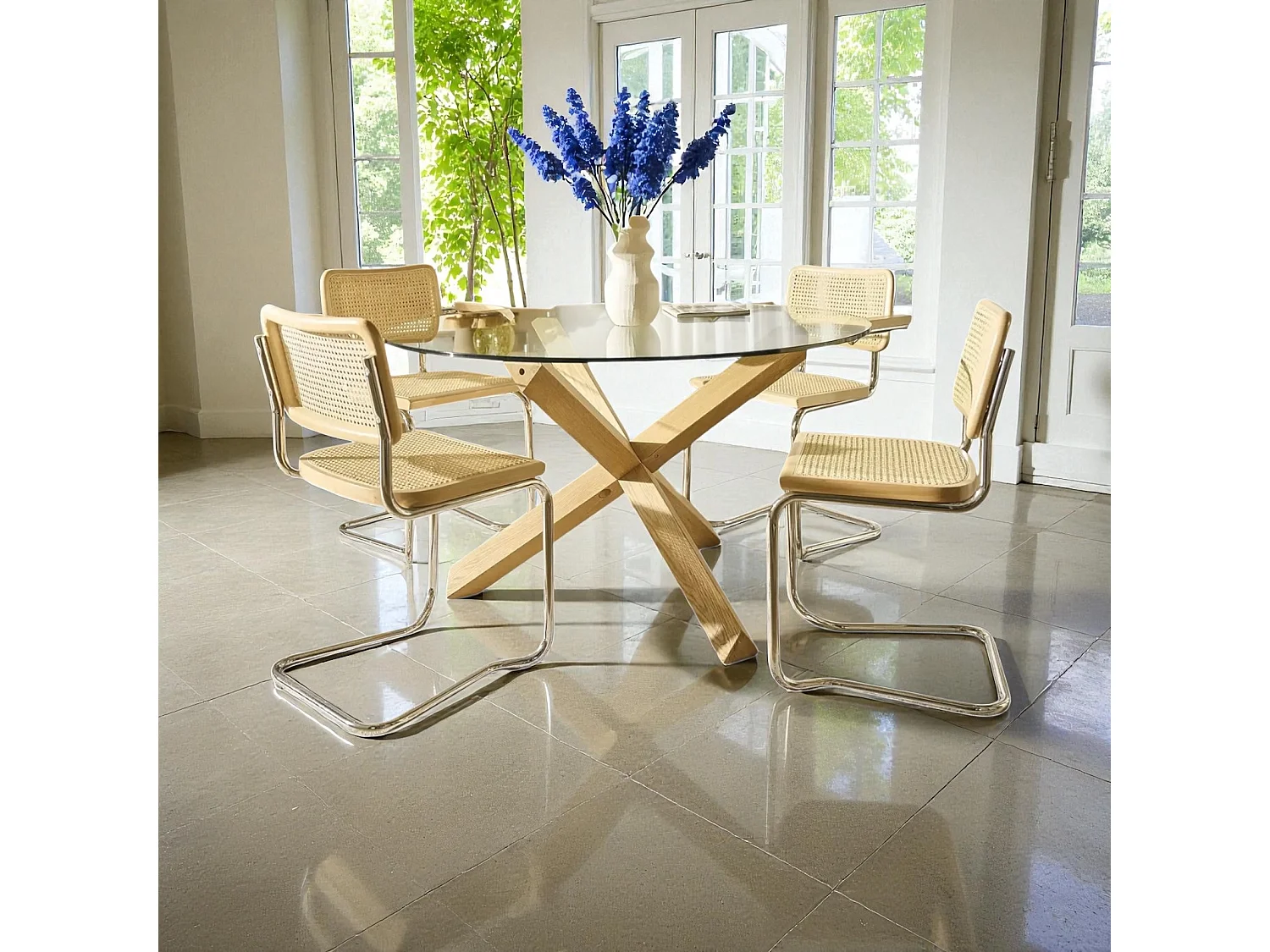 k-hometrends KADEN Freischwinger Stühle 2er Set mit Wiener Geflecht – Esszimmerstühle aus Holz & Metall – Designstühle Natur/Chrom