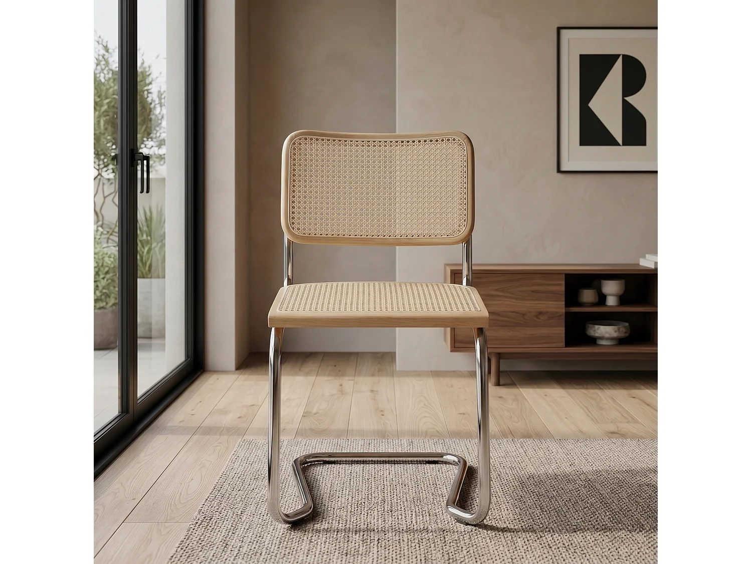 k-hometrends KADEN Freischwinger Stühle 2er Set mit Wiener Geflecht – Esszimmerstühle aus Holz & Metall – Designstühle Natur/Chrom