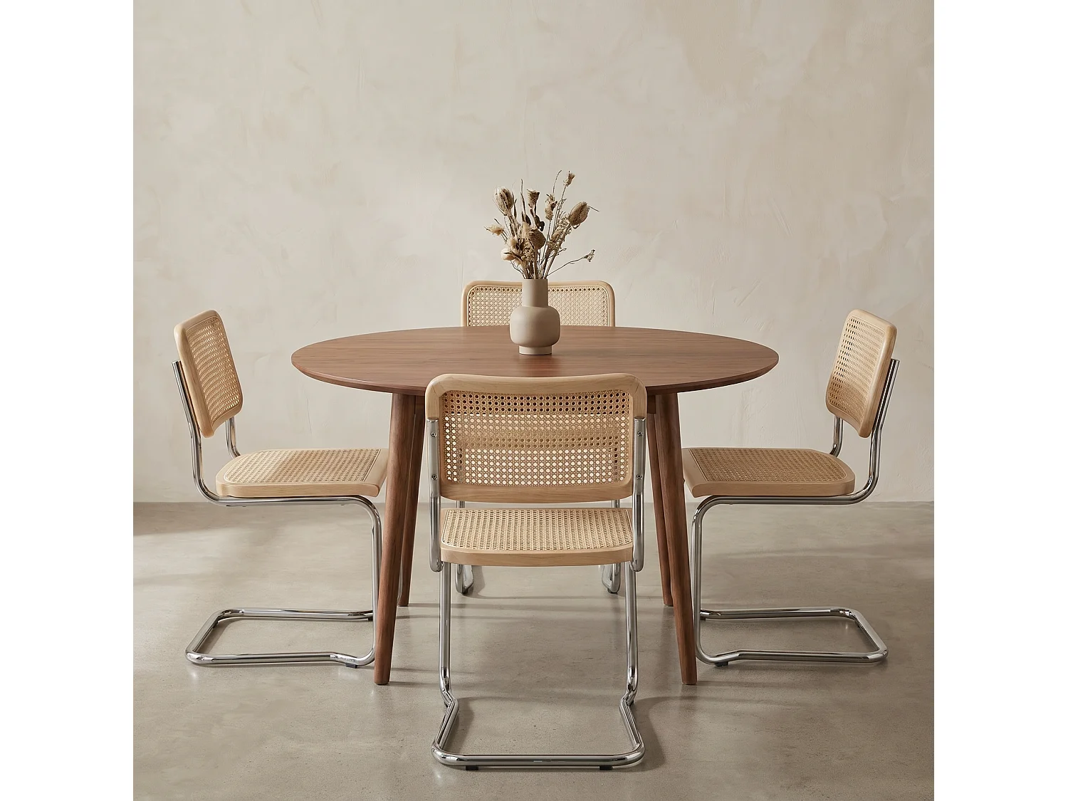 k-hometrends KADEN Freischwinger Stühle 2er Set mit Wiener Geflecht – Esszimmerstühle aus Holz & Metall – Designstühle Natur/Chrom