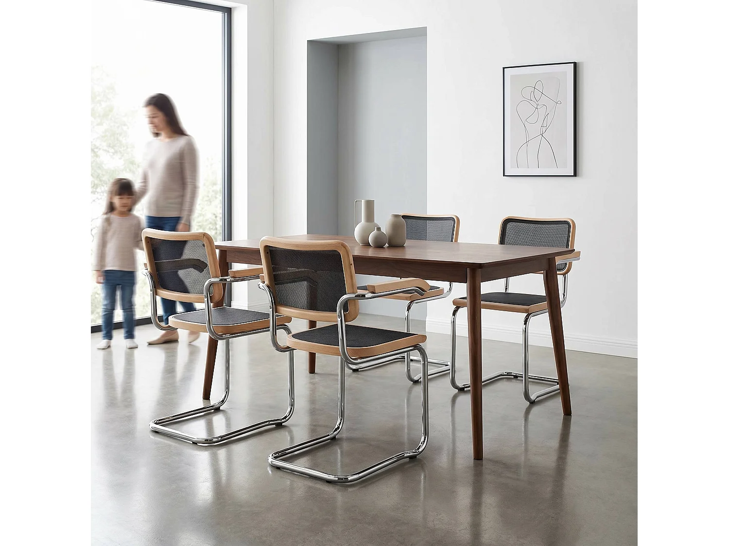 k-hometrends KOAMI Freischwinger Stühle 2er Set mit Armlehnen & Mesh – Esszimmerstühle Holz & Metall – Designstühle Natur/Schwarz/Chrom