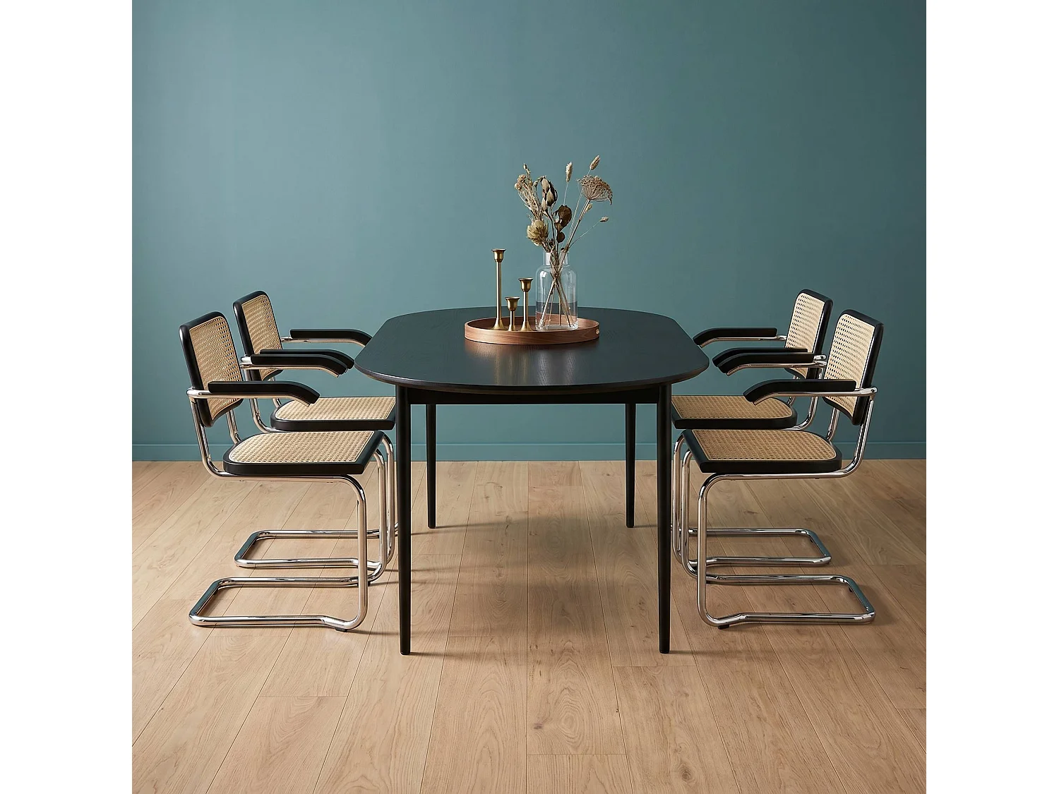 k-hometrends KOAMI Freischwinger Stühle 2er Set mit Armlehnen & Mesh – Esszimmerstühle Holz & Metall – Designstühle Natur/Schwarz/Chrom