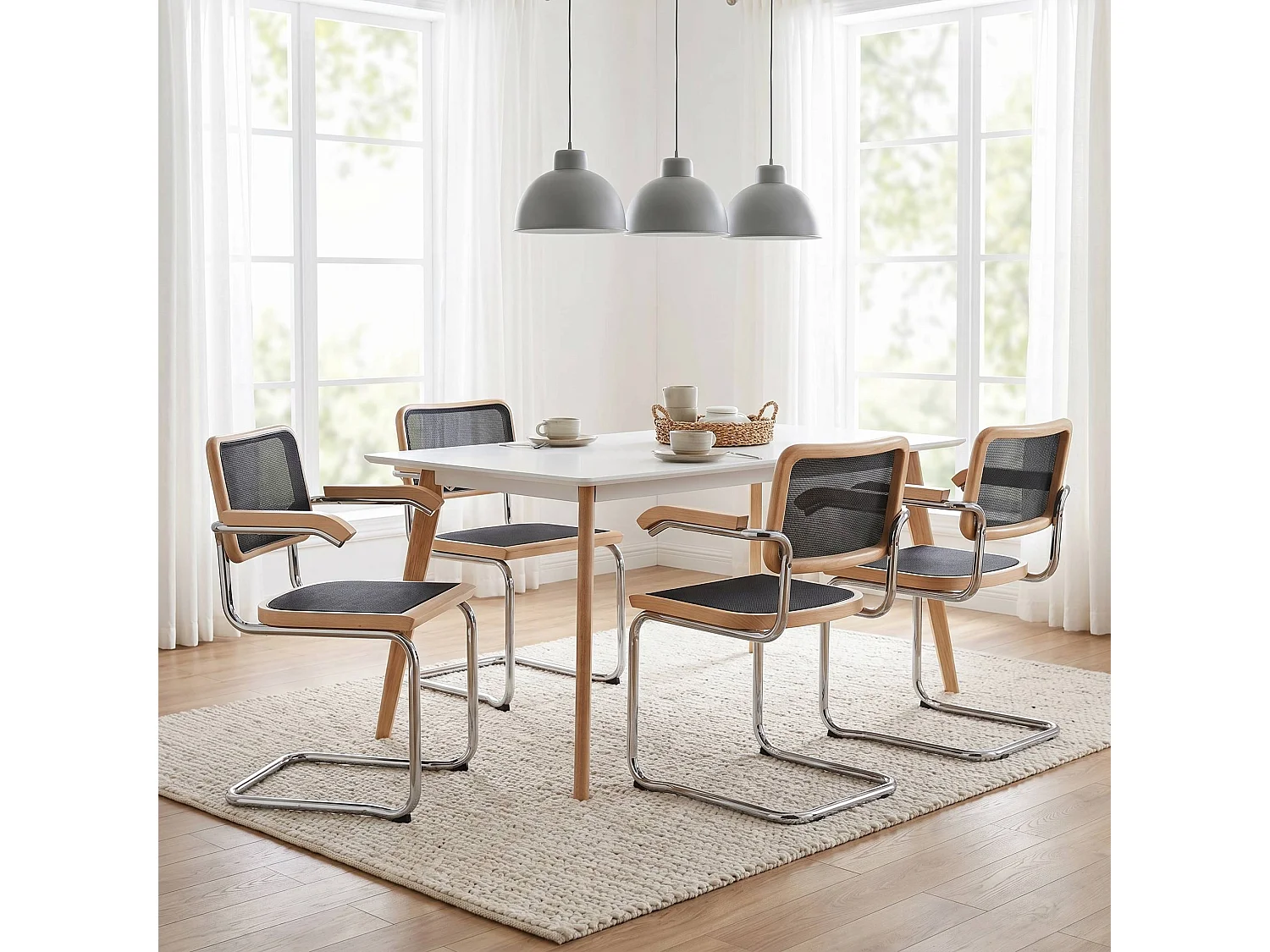 k-hometrends KOAMI Freischwinger Stühle 2er Set mit Armlehnen & Mesh – Esszimmerstühle Holz & Metall – Designstühle Natur/Schwarz/Chrom