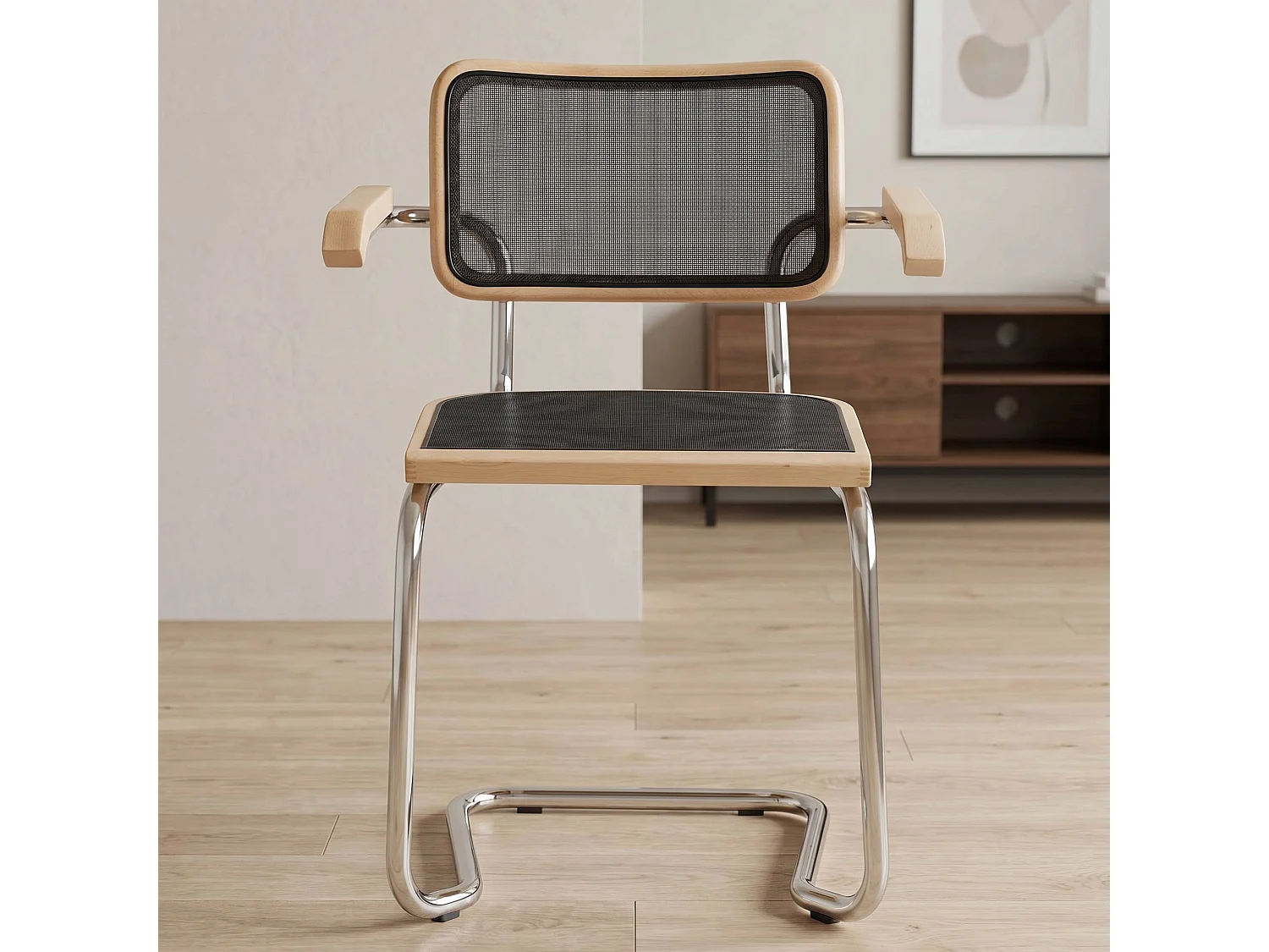 k-hometrends KOAMI Freischwinger Stühle 2er Set mit Armlehnen & Mesh – Esszimmerstühle Holz & Metall – Designstühle Natur/Schwarz/Chrom