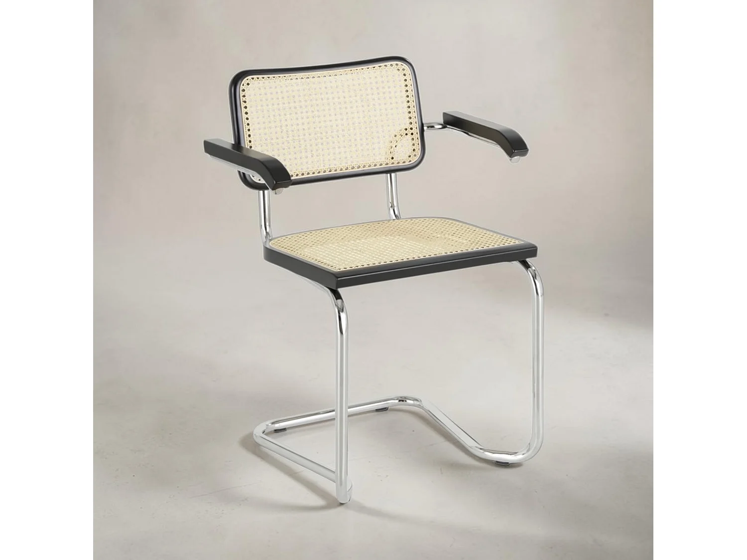 k-hometrends KALEO Freischwinger Stühle 2er Set mit Armlehnen & Wiener Geflecht – Esszimmerstühle Holz/Metall – Designstühle Schwarz/Natur/Chrom