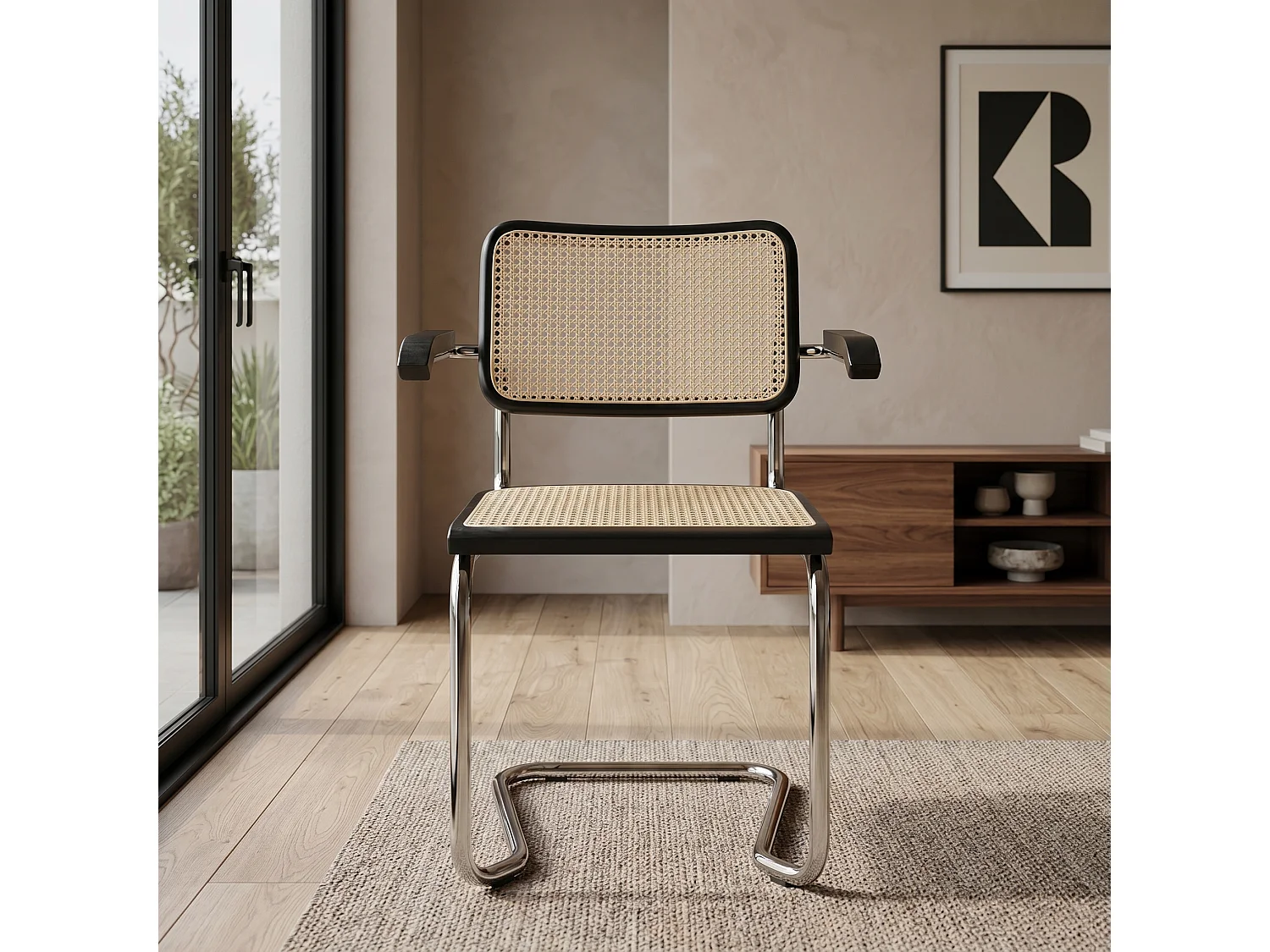 k-hometrends KALEO Freischwinger Stühle 2er Set mit Armlehnen & Wiener Geflecht – Esszimmerstühle Holz/Metall – Designstühle Schwarz/Natur/Chrom