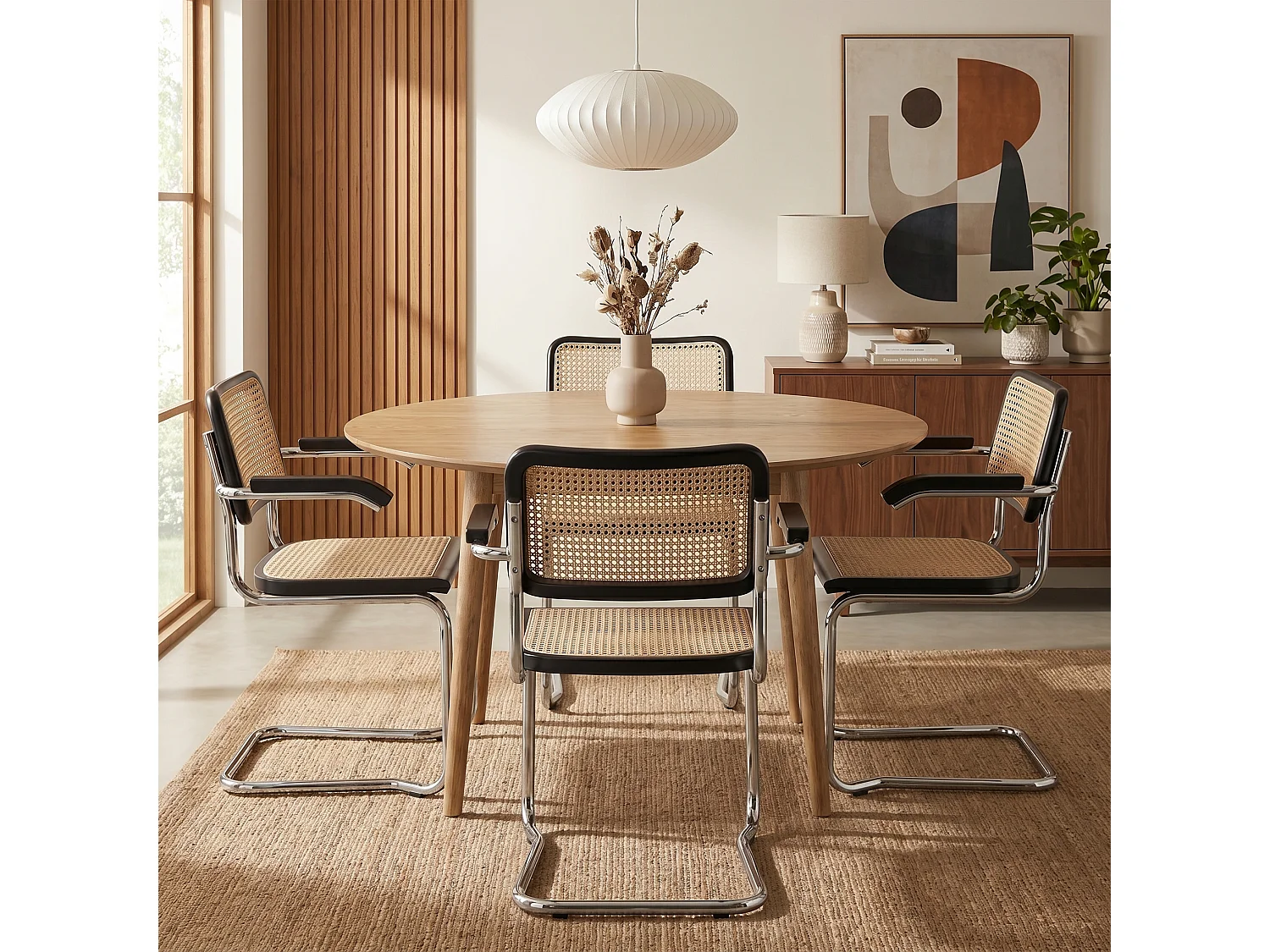 k-hometrends KALEO Freischwinger Stühle 2er Set mit Armlehnen & Wiener Geflecht – Esszimmerstühle Holz/Metall – Designstühle Schwarz/Natur/Chrom