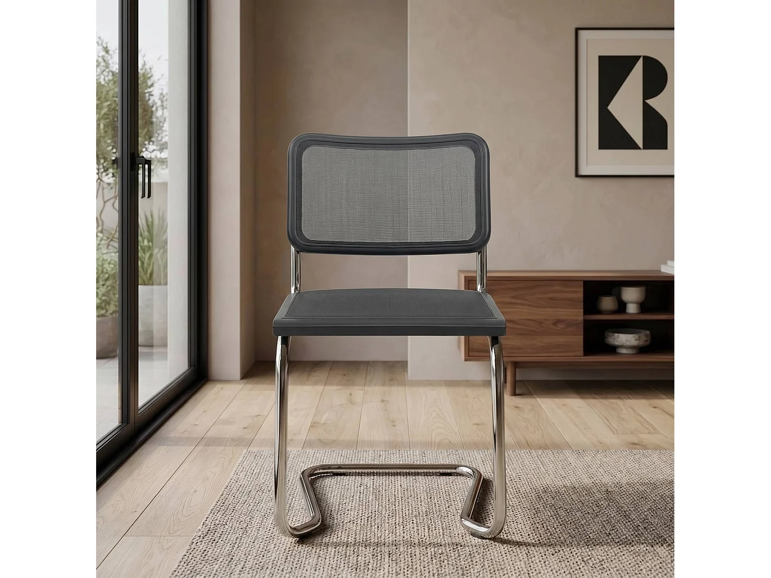k-hometrends KENO Freischwinger Stühle 2er Set mit Mesh – Esszimmerstühle Metall Chrom – Designstühle modern schwarz/chrom