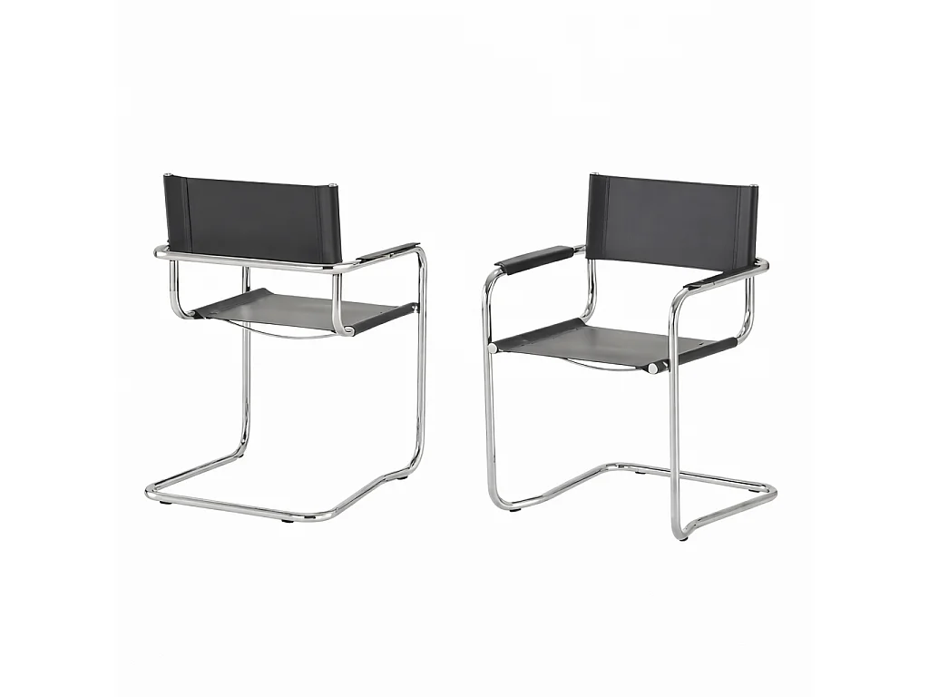 k-hometrends KADA Freischwinger Stühle 2er Set mit Armlehnen – Esszimmerstühle aus recyceltem Leder & verchromtem Stahlrohr – Designstühle Schwarz/Chrom