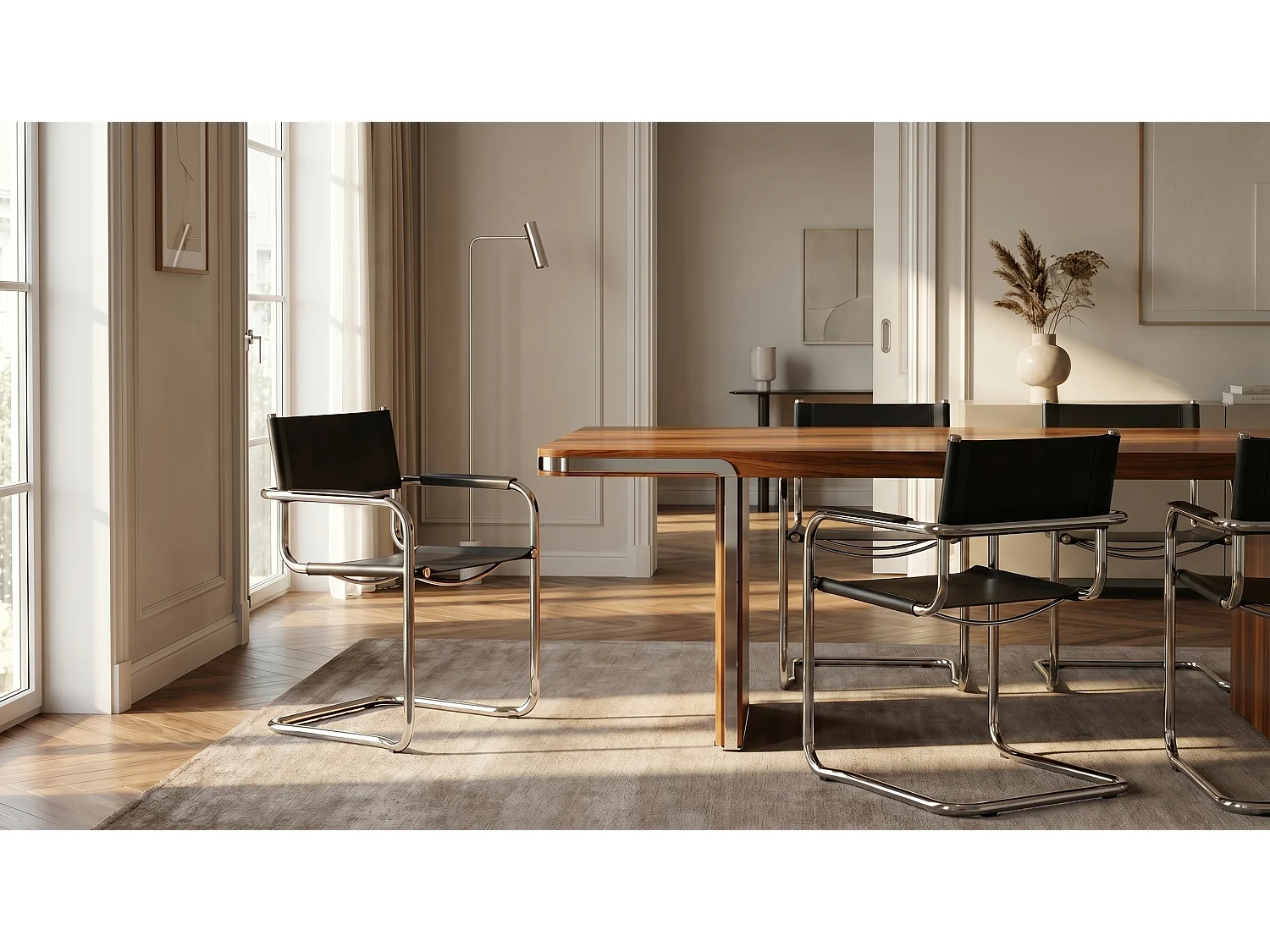 k-hometrends KADA Freischwinger Stühle 2er Set mit Armlehnen – Esszimmerstühle aus recyceltem Leder & verchromtem Stahlrohr – Designstühle Schwarz/Chrom
