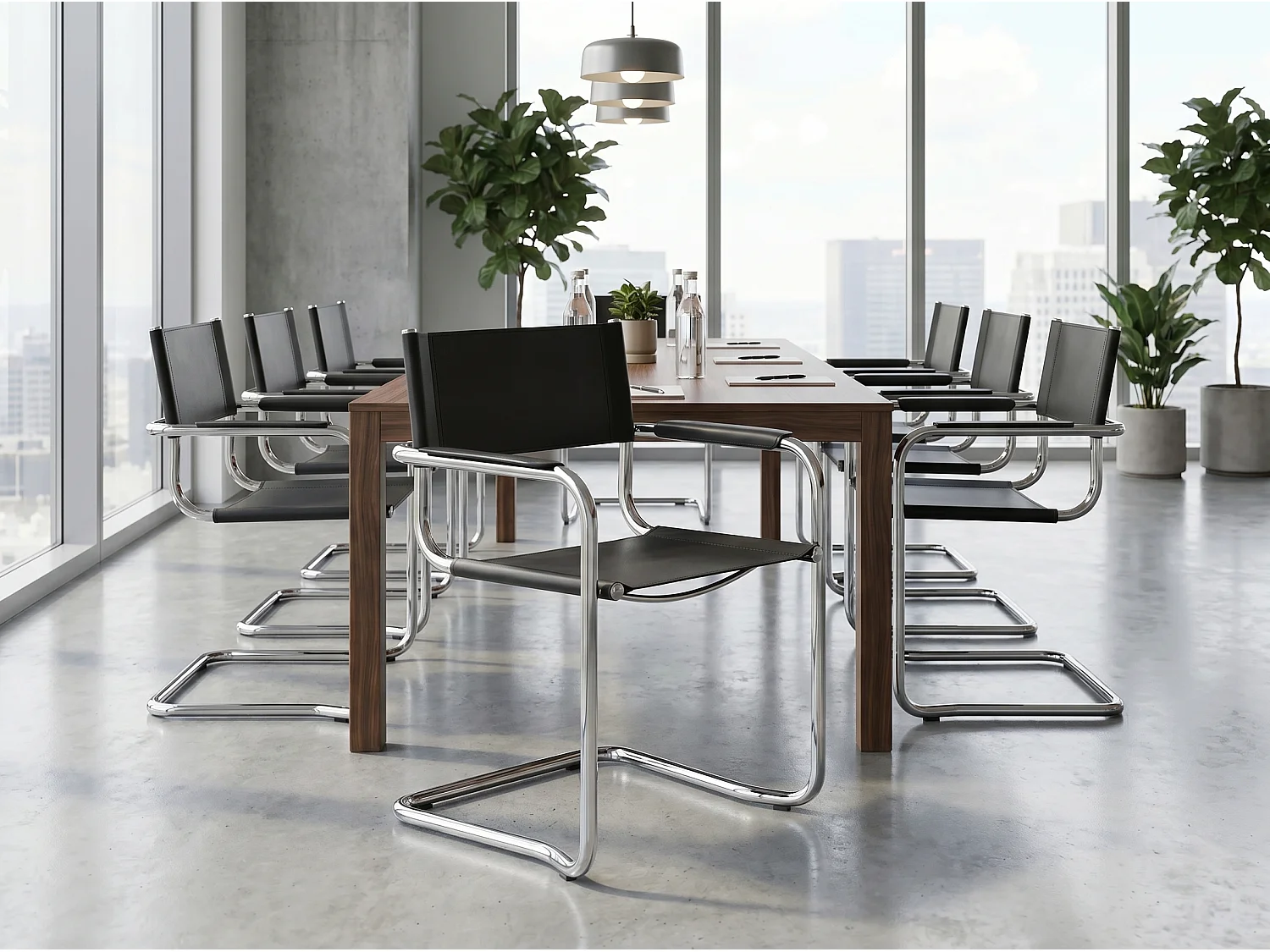 k-hometrends KADA Freischwinger Stühle 2er Set mit Armlehnen – Esszimmerstühle aus recyceltem Leder & verchromtem Stahlrohr – Designstühle Schwarz/Chrom