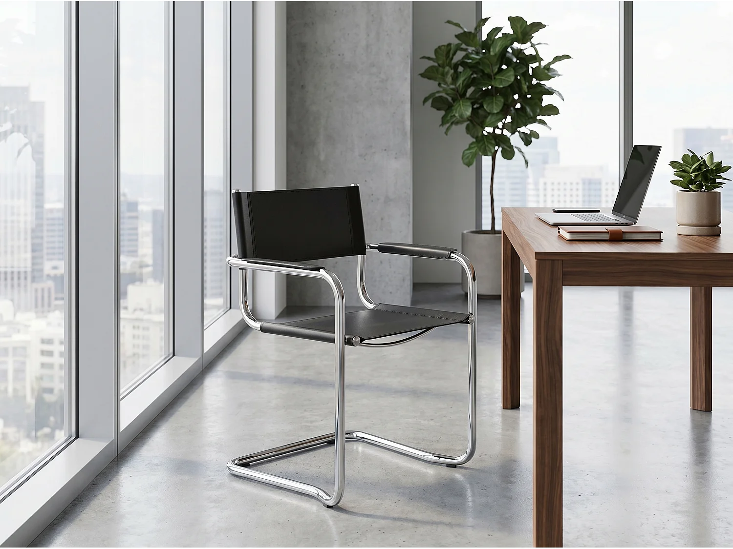 k-hometrends KADA Freischwinger Stühle 2er Set mit Armlehnen – Esszimmerstühle aus recyceltem Leder & verchromtem Stahlrohr – Designstühle Schwarz/Chrom