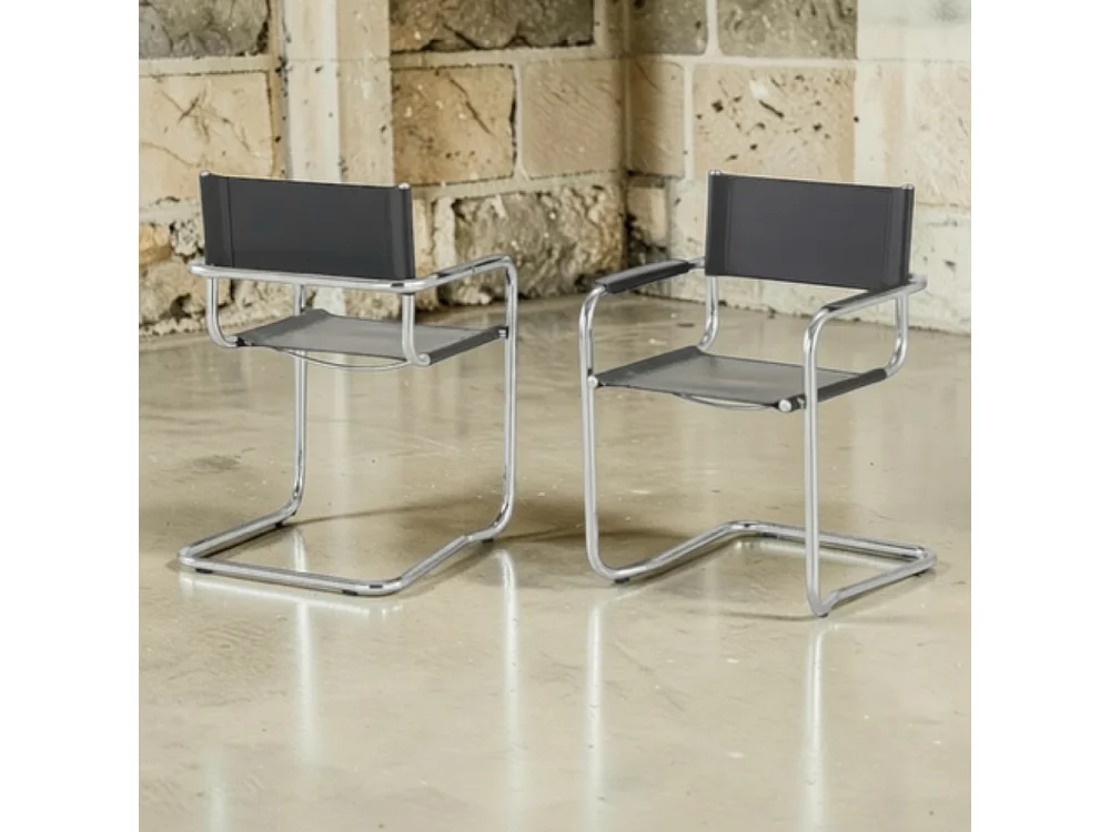 k-hometrends KADA Freischwinger Stühle 2er Set mit Armlehnen – Esszimmerstühle aus recyceltem Leder & verchromtem Stahlrohr – Designstühle Schwarz/Chrom
