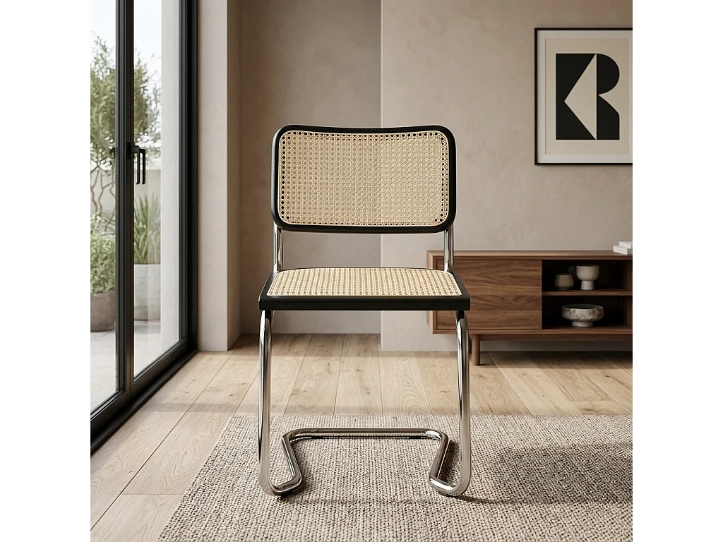 k-hometrends KALE Freischwinger Stühle 2er Set mit Wiener Geflecht – Esszimmerstühle aus Holz & Metall – Designstühle Schwarz/Natur/Chrom