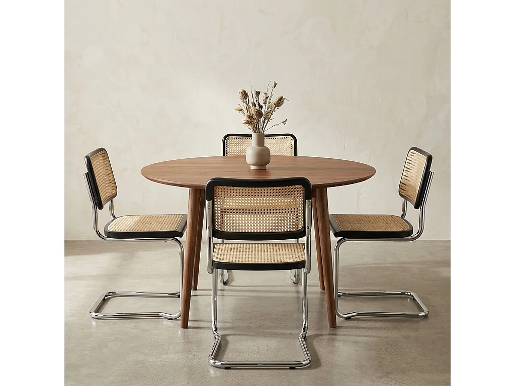 k-hometrends KALE Freischwinger Stühle 2er Set mit Wiener Geflecht – Esszimmerstühle aus Holz & Metall – Designstühle Schwarz/Natur/Chrom