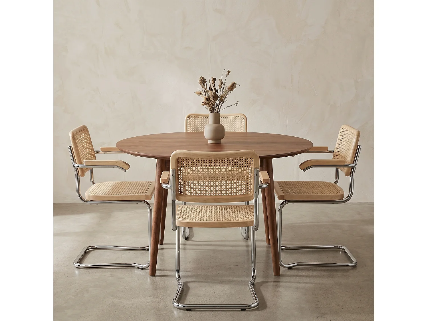 k-hometrends KADEEM Freischwinger Stühle 2er Set mit Armlehnen & Wiener Geflecht – Esszimmerstühle aus Holz & Metall – Designstühle Natur/Chrom