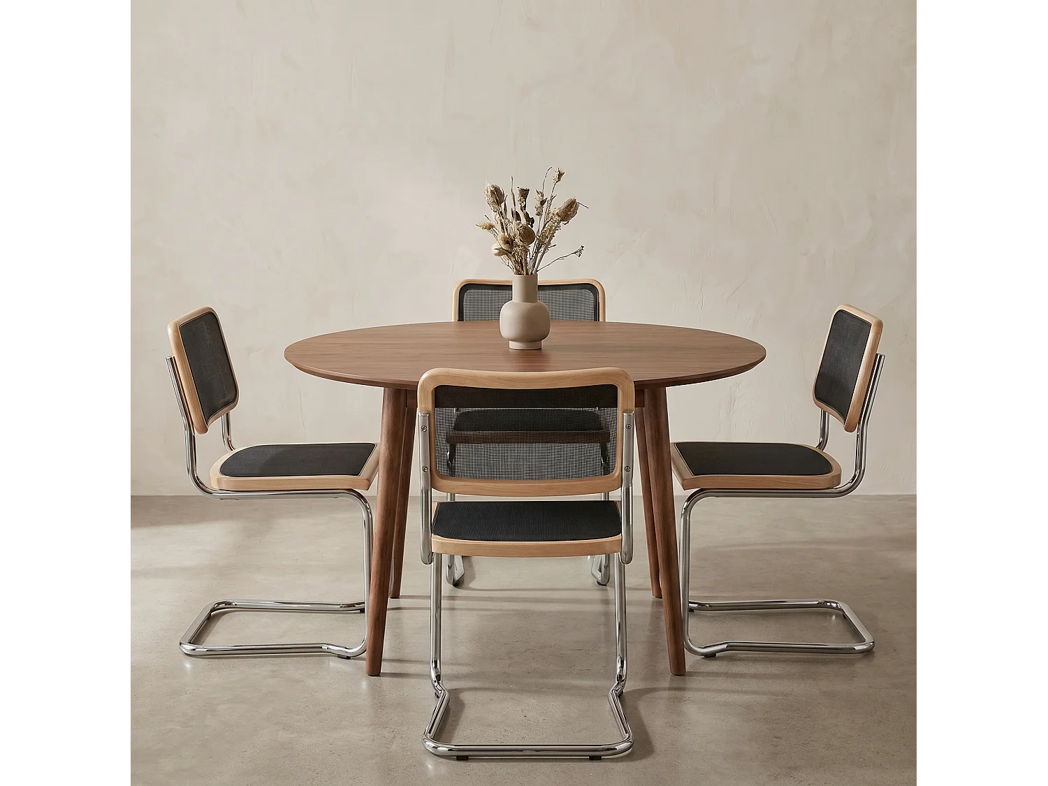 k-hometrends KOA Freischwinger Stühle 2er Set mit Mesh – Esszimmerstühle Holz & Metall – Designstühle Natur/Schwarz/Chrom