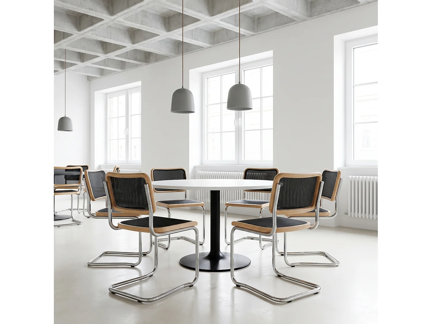 k-hometrends KOA Freischwinger Stühle 2er Set mit Mesh – Esszimmerstühle Holz & Metall – Designstühle Natur/Schwarz/Chrom