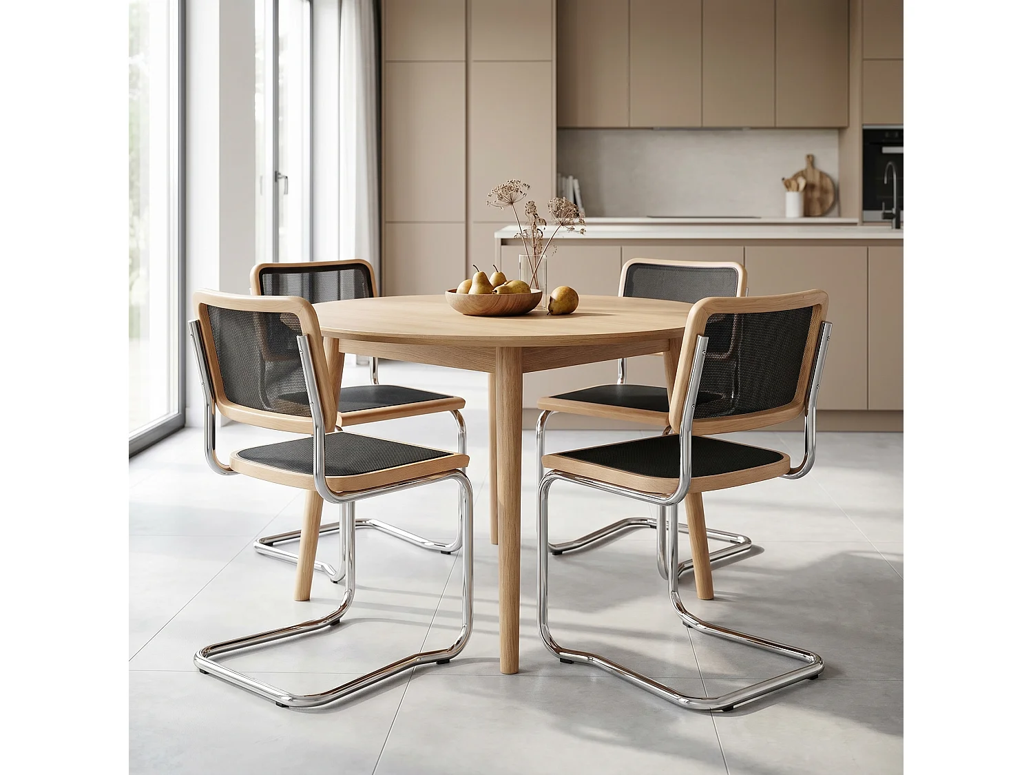 k-hometrends KOA Freischwinger Stühle 2er Set mit Mesh – Esszimmerstühle Holz & Metall – Designstühle Natur/Schwarz/Chrom