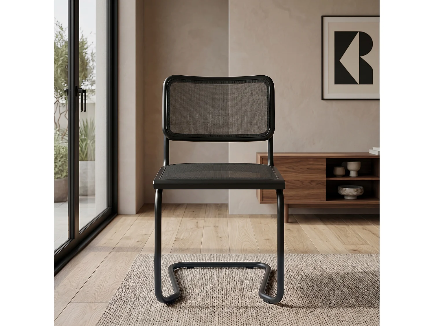 k-hometrends KUNO Freischwinger Stühle 2er Set mit Mesh – Esszimmerstühle Metall Schwarz – Designstühle modern schwarz
