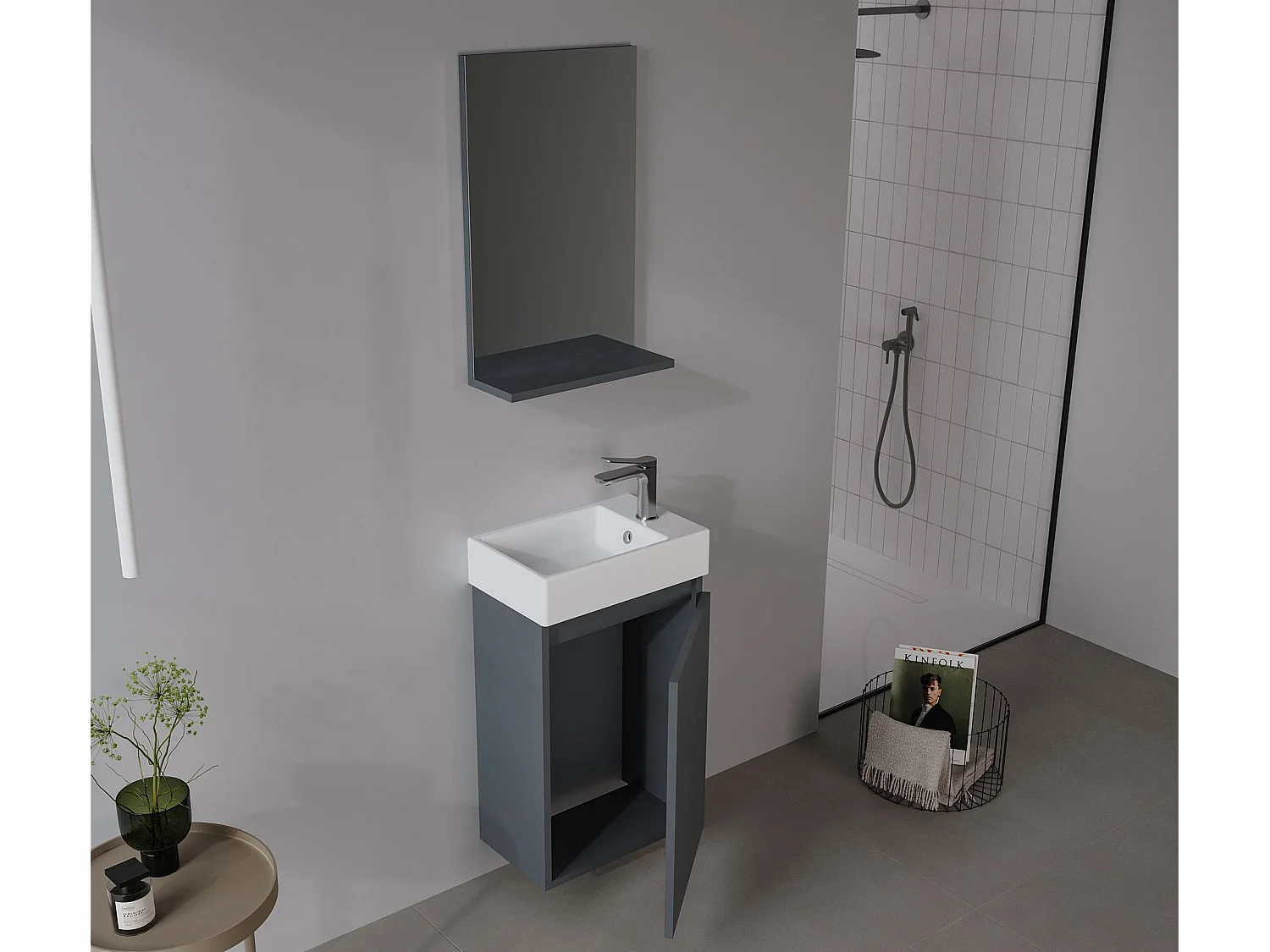 Ensemble Meuble Vasque avec Miroir (2 Pièces) "Conza 45" - 45 x 26 x 75 cm - Matte Anthracite