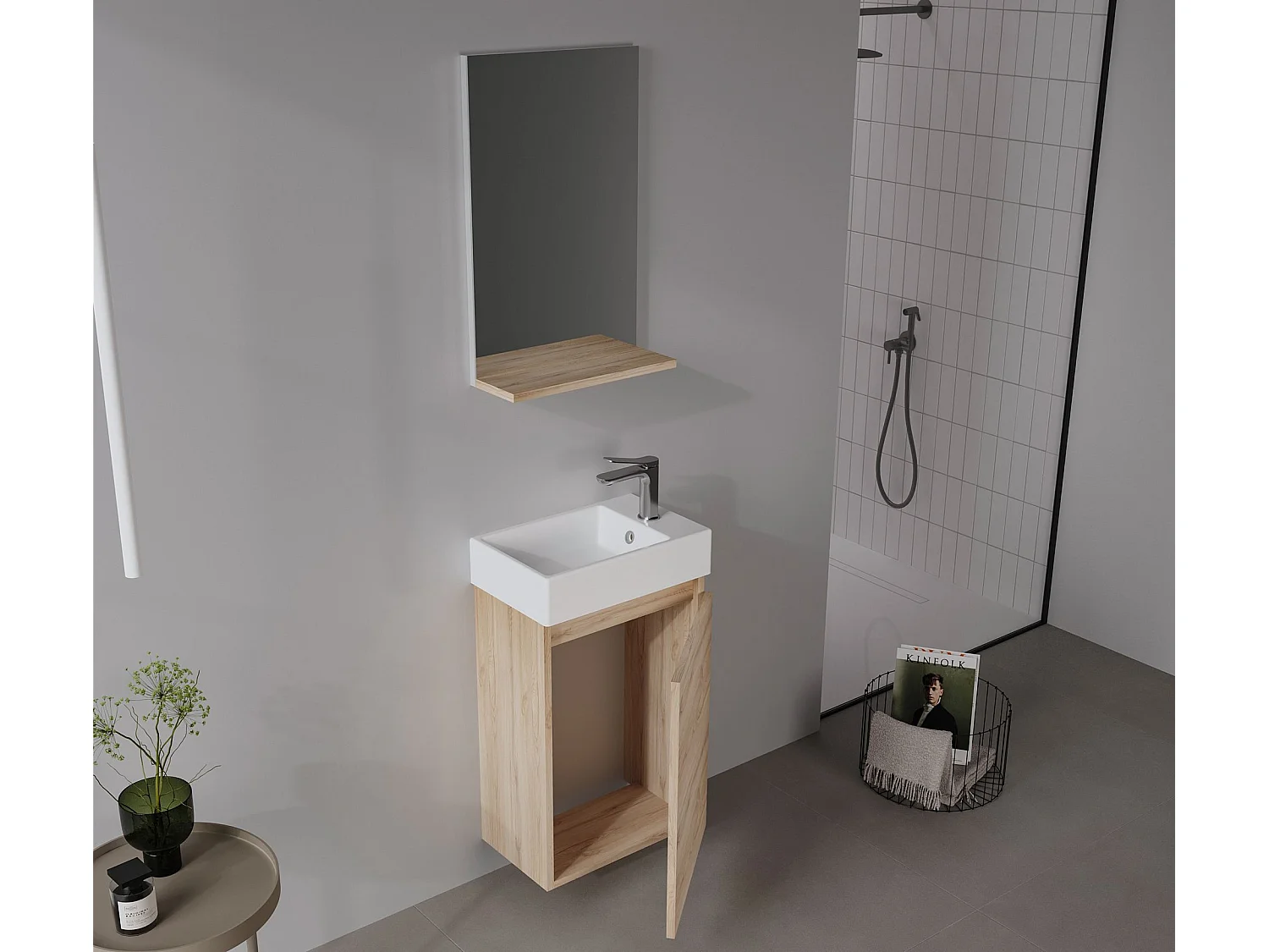 Ensemble Meuble Vasque avec Miroir (2 Pièces) "Conza 45" - 45 x 26 x 75 cm - Oak