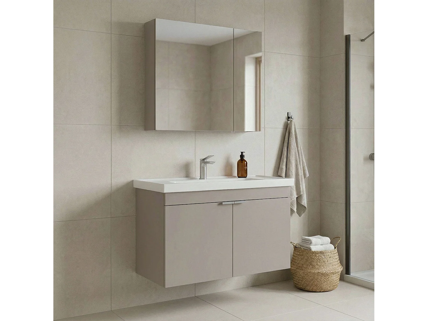 Ensemble Meuble Vasque avec Miroir (2 Pièces) "Desna 80" - 80 x 45 x 58 cm - Sand