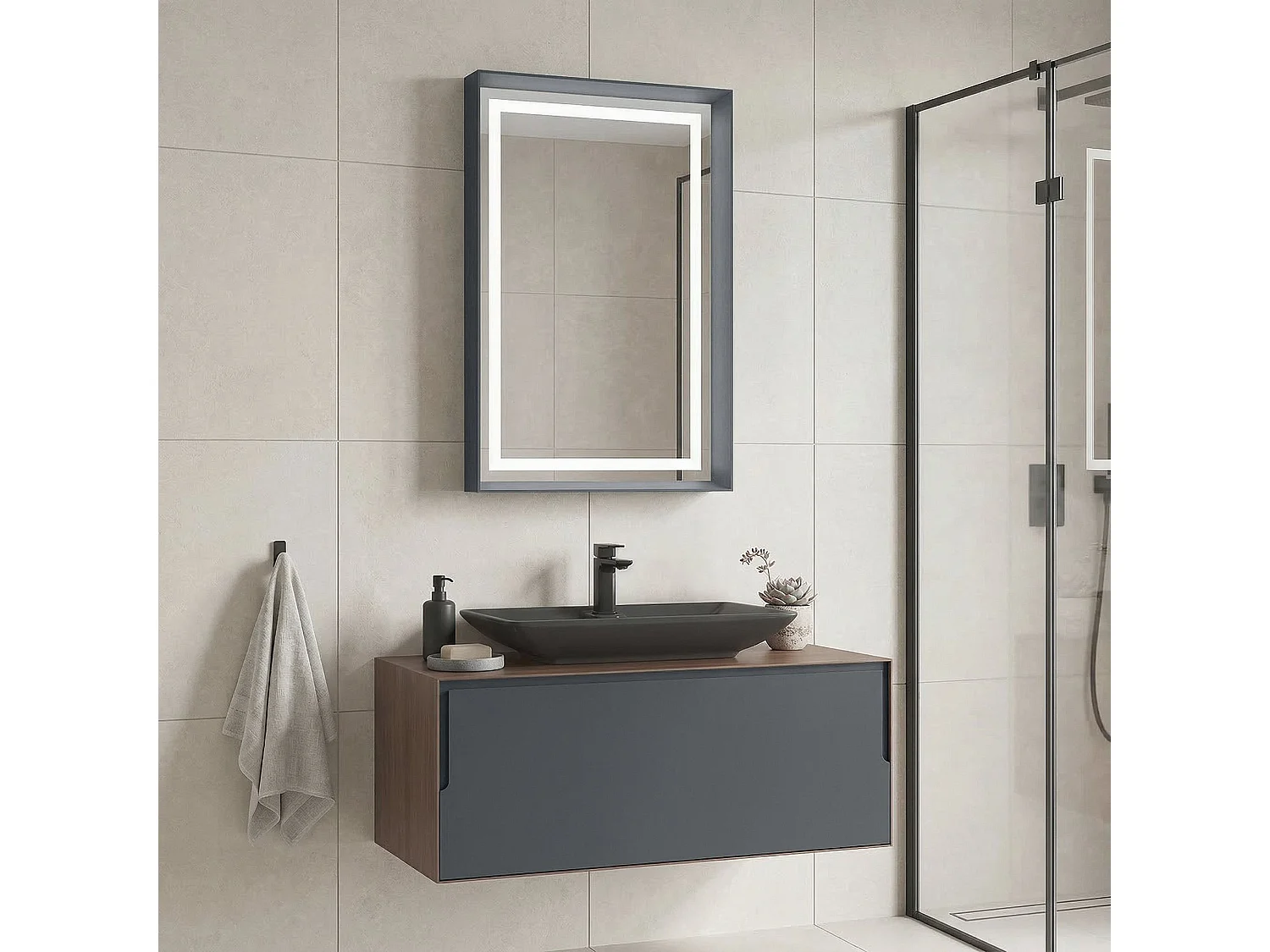 Ensemble Meuble Vasque avec Miroir (2 Pièces) "Craft 100" - 100 x 50 x 40 cm - Walnut / Anthracite