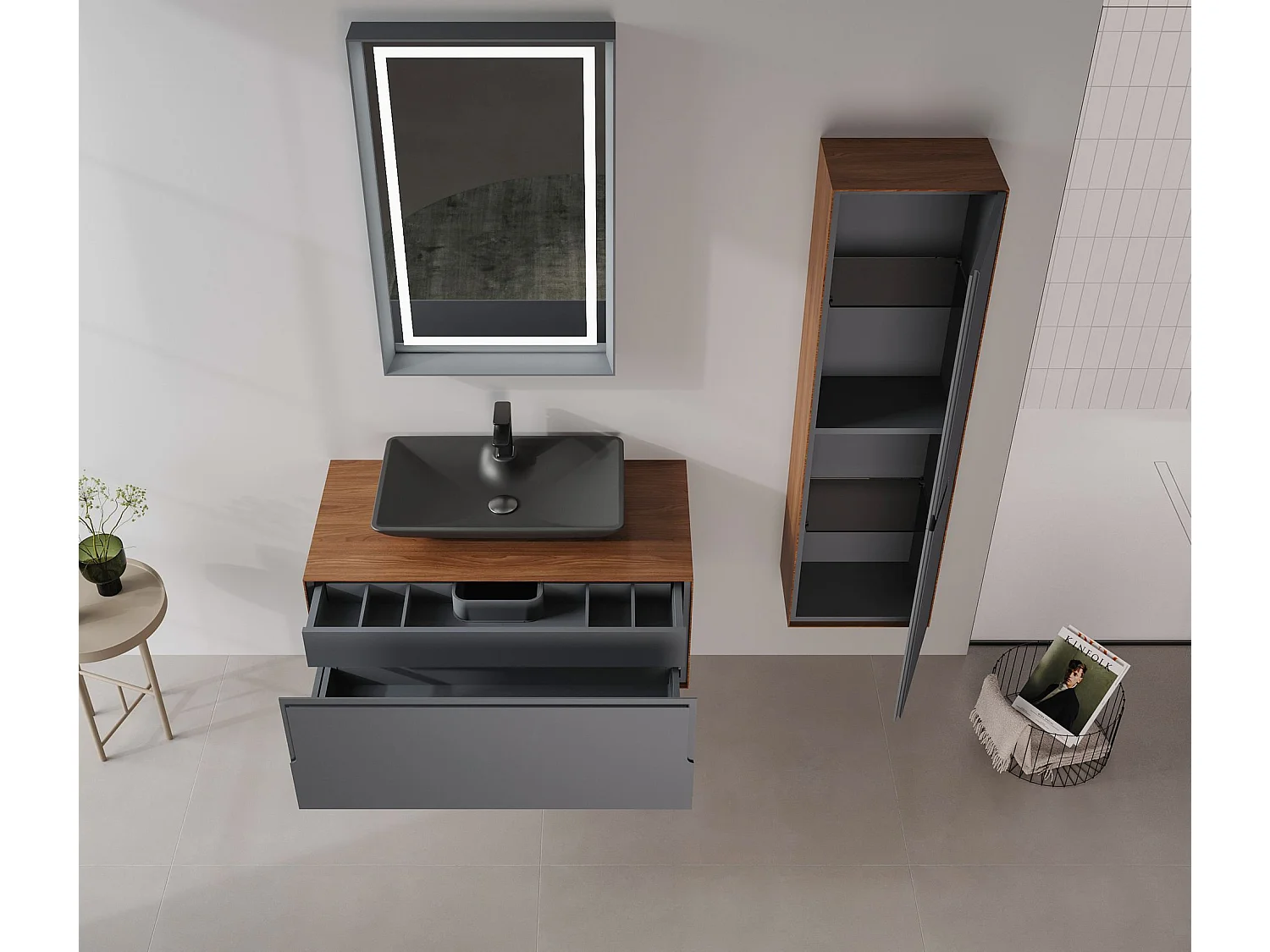 Ensemble Meuble Vasque avec Miroir (2 Pièces) "Craft 100" - 100 x 50 x 40 cm - Walnut / Anthracite