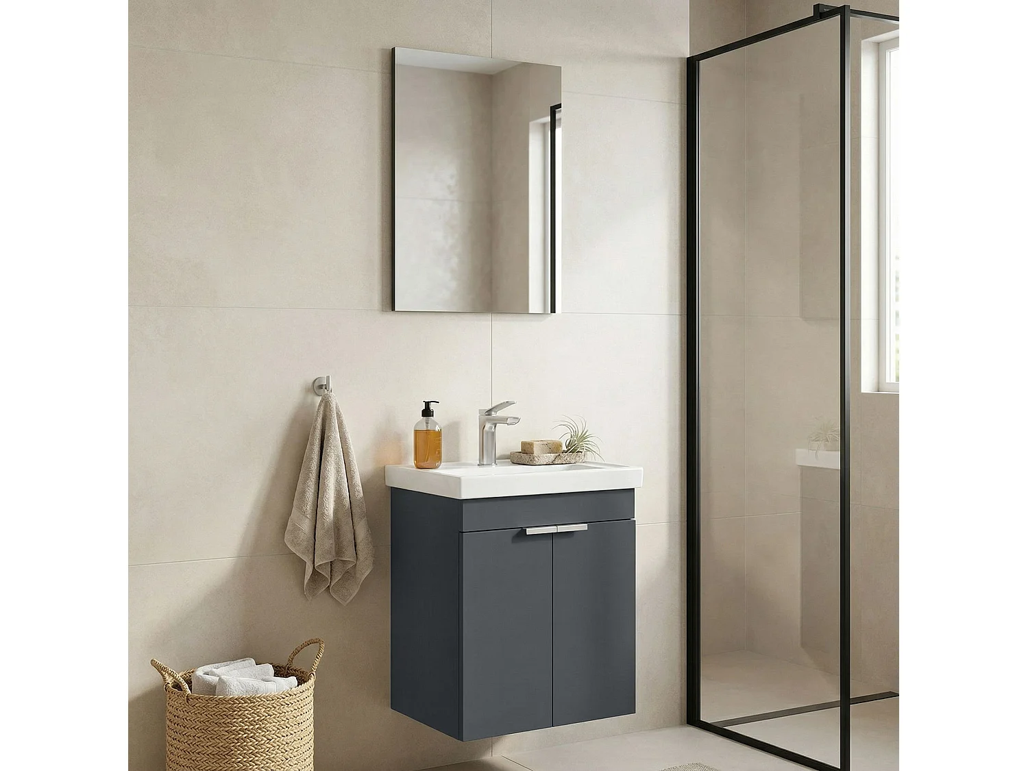Ensemble Meuble Vasque avec Miroir (2 Pièces) "Desna 50" - 50 x 38 x 58 cm - Matte Anthracite