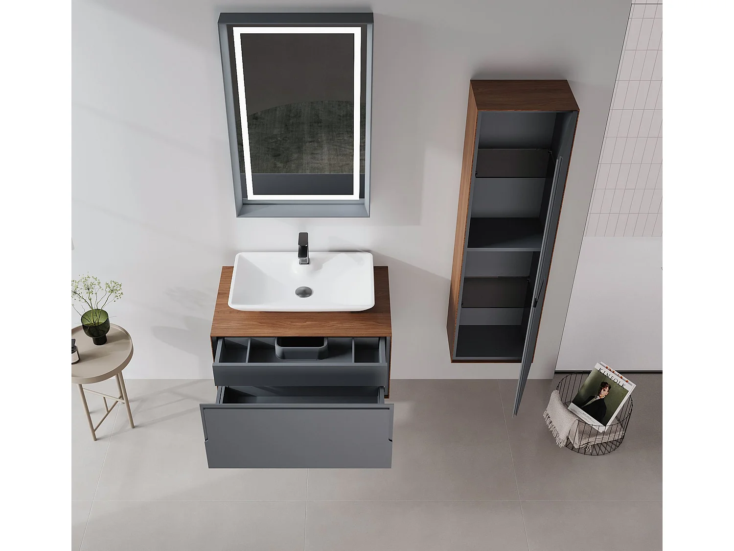 Ensemble Meuble Vasque avec Miroir (2 Pièces) "Craft 80" - 60 x 50 x 40 cm - Walnut / Anthracite / White
