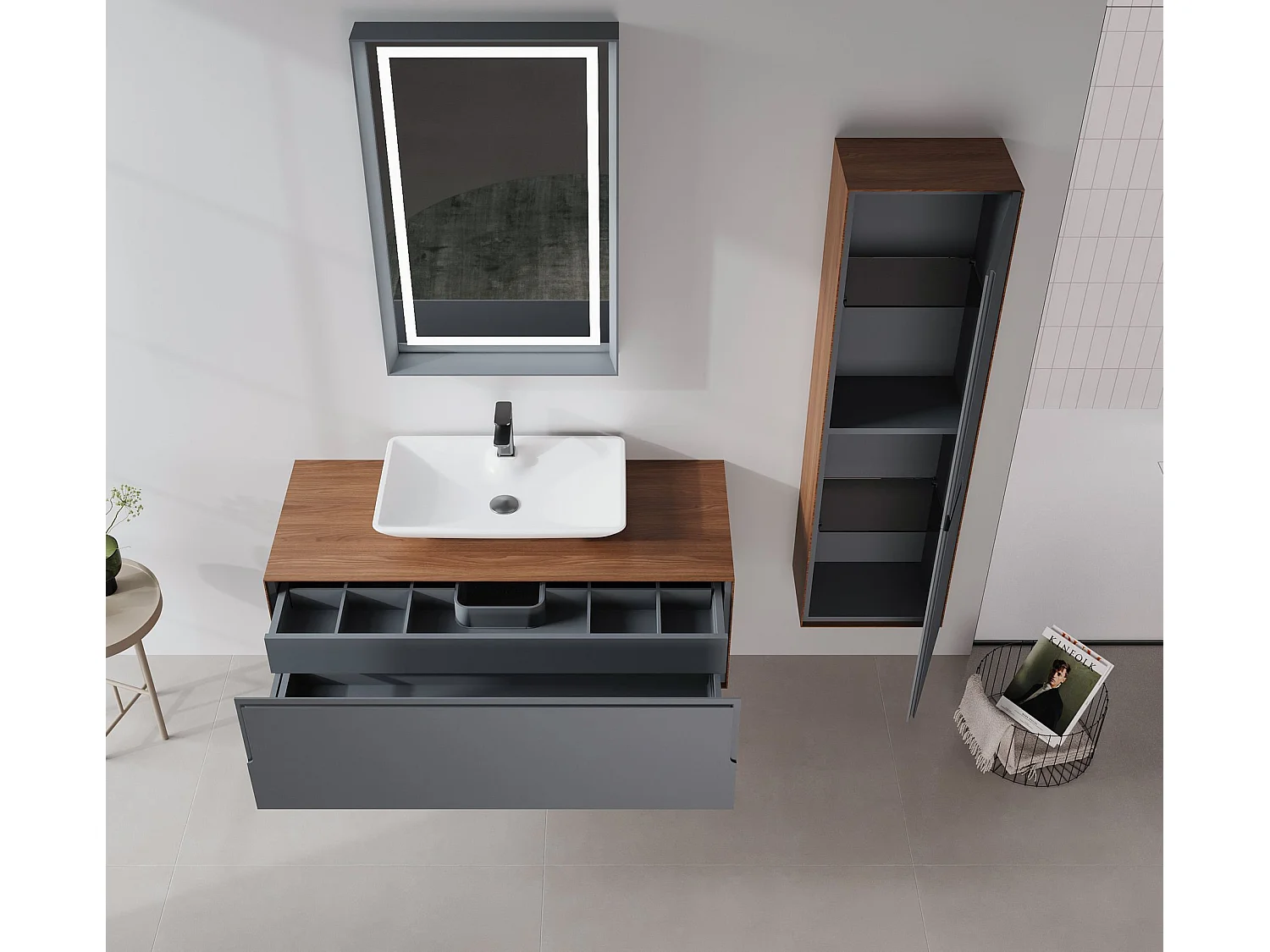 Ensemble Meuble Vasque avec Miroir (2 Pièces) "Craft 120" - 120 x 50 x 40 cm - Walnut / Anthracite /