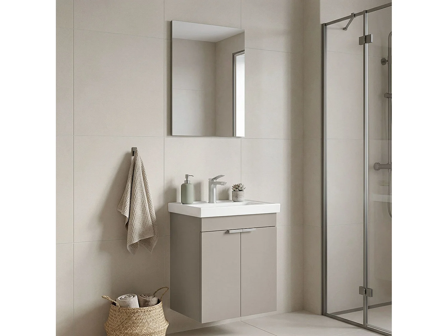 Ensemble Meuble Vasque avec Miroir (2 Pièces) "Desna 50" - 50 x 38 x 58 cm - Sand