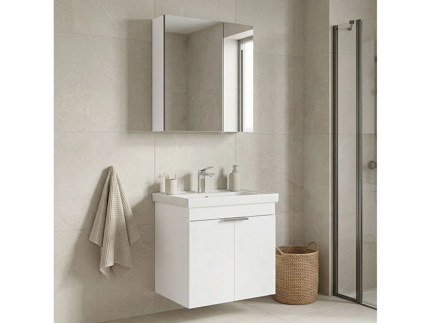 Ensemble Meuble Vasque avec Miroir (2 Pièces) "Desna 60" - 60 x 45 x 58 cm - Matte White
