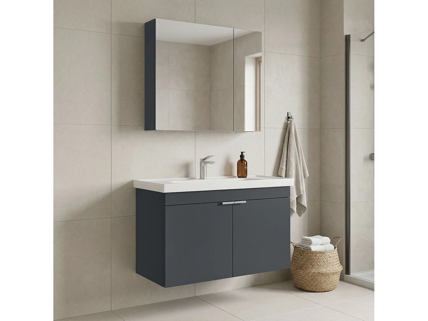 Ensemble Meuble Vasque avec Miroir (2 Pièces) "Desna 90" - 90 x 45 x 58 cm - Matte Anthracite